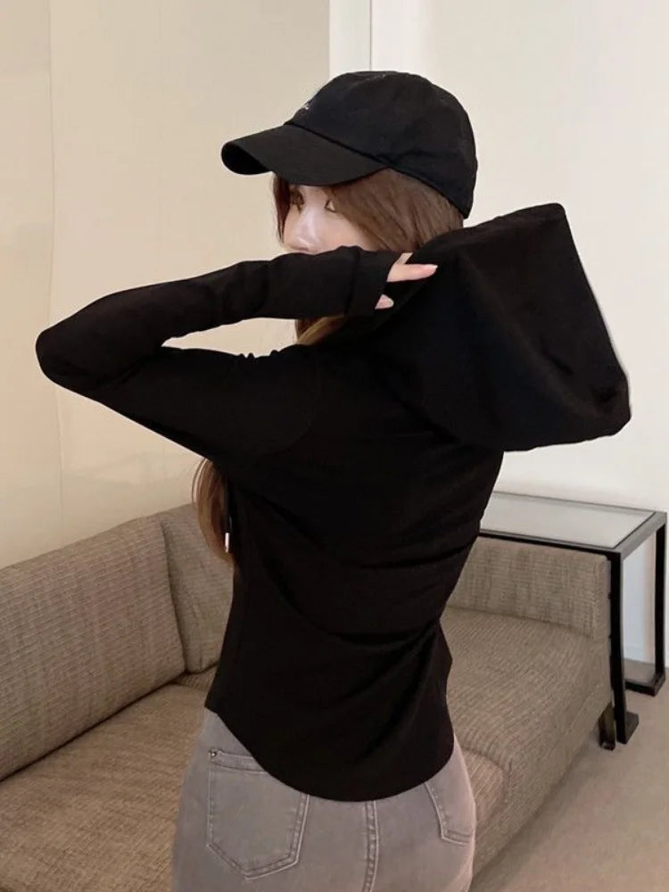Sexy Black Long Sleeve Crop Top for Women - Korean Style Bandage Tee - Autumn Fashion Solid Kpop T-Shirt | Perfect for Concerts, Streetwear & Casual Outfits