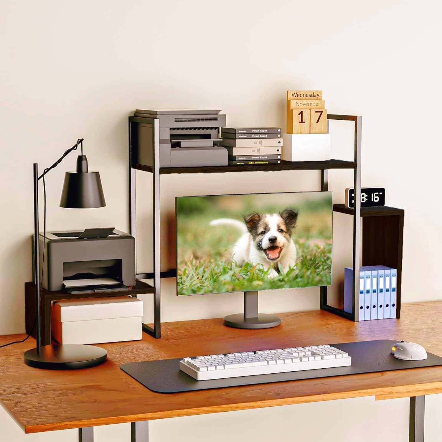 2-Tier Wooden Desktop Shelf with RGB LED Light Strip - 48.8