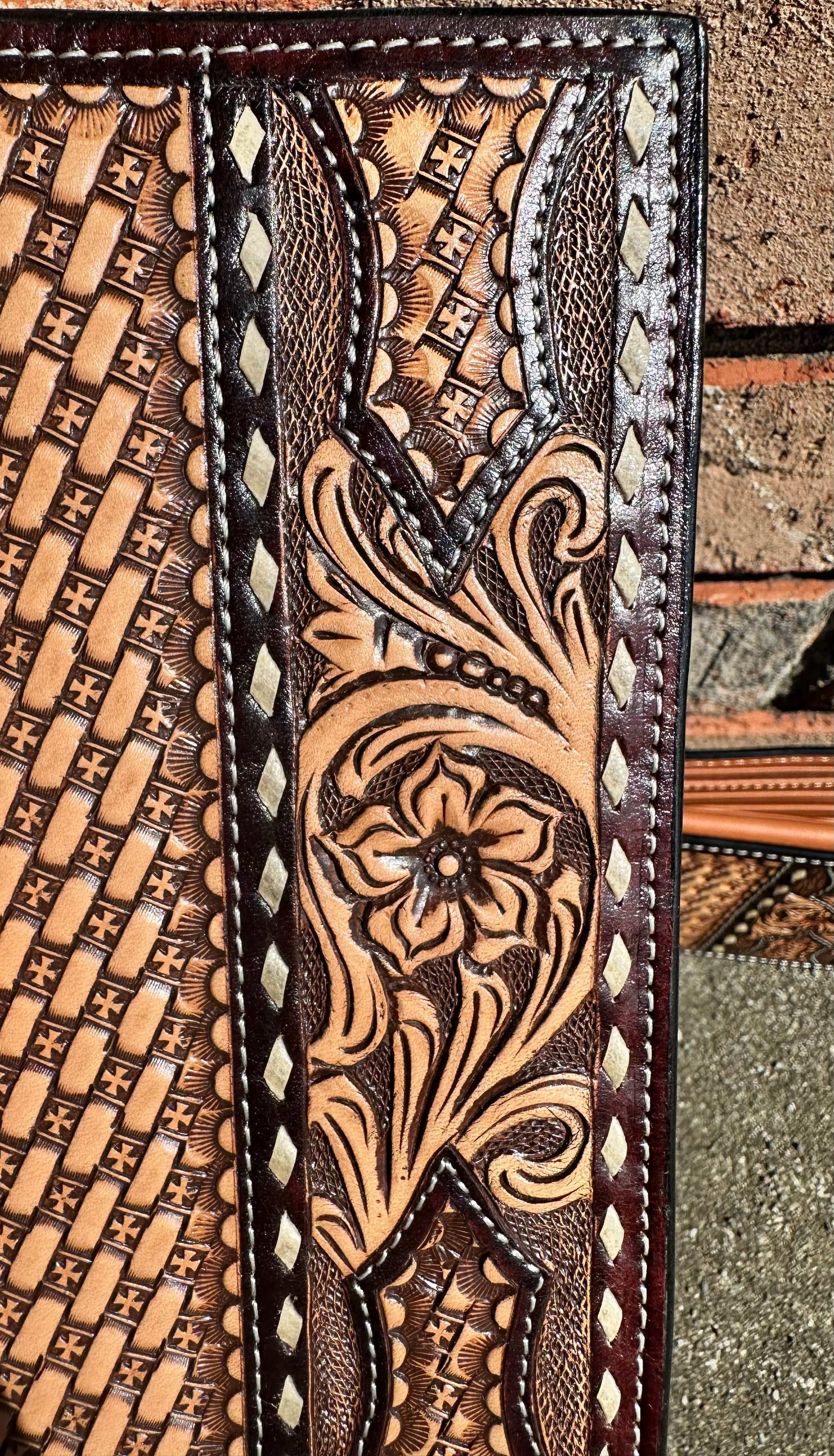 Handmade Floral Carved Leather Basket Tooling Rawhide Buckstitch Twisted X Wallet - Western Style Bifold Wallet for Men & Women - Perfect for Cowboy Boots, Rodeo Events and Country Fashion