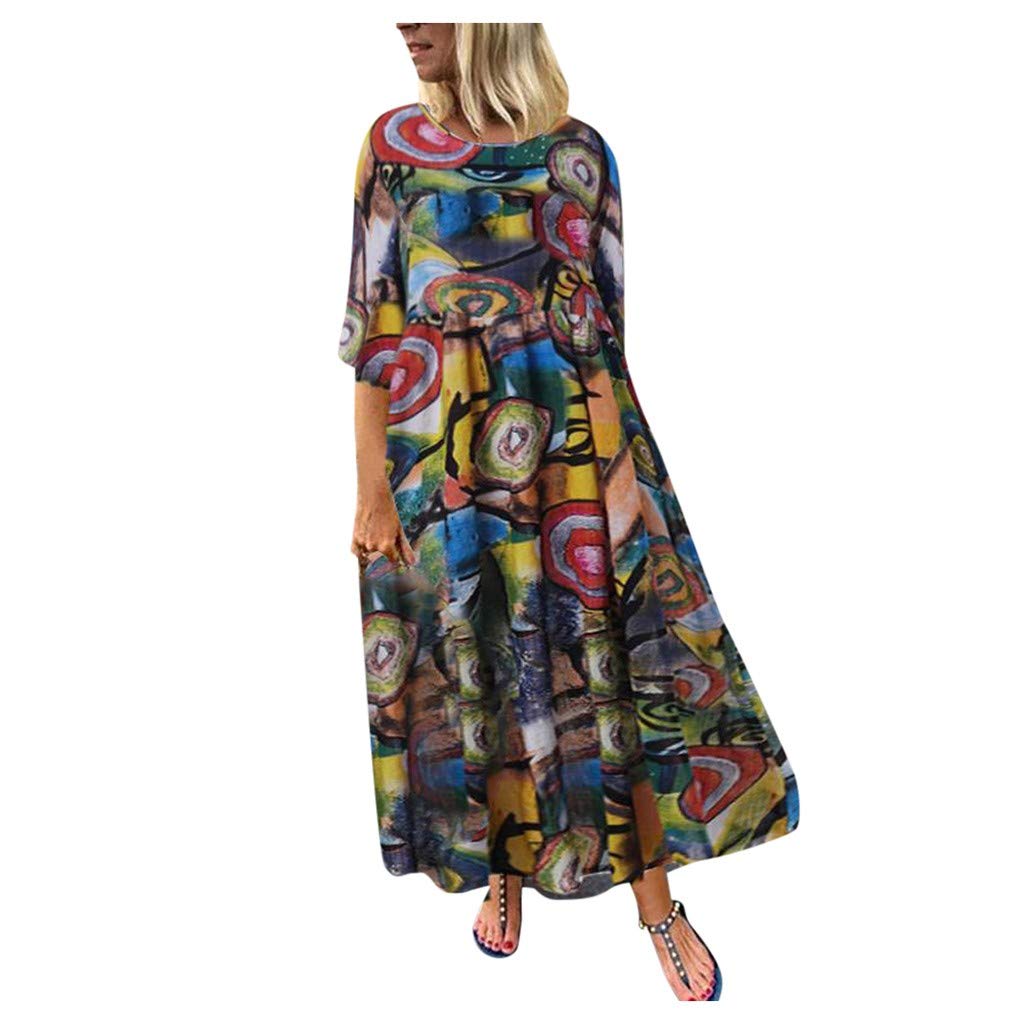Long Boho Maxi Dress for Women - Loose 3/4 Sleeve Plain Party Dress with Floral Print | Perfect for Casual Wear, Beach Vacations & Summer Festivals