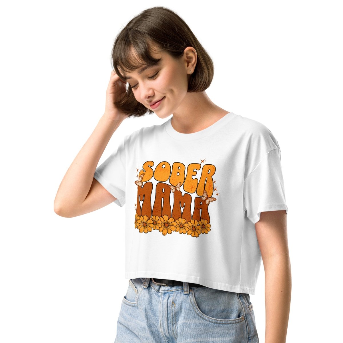 Sober Mama Bloom Crop Top - Women's Fashion Trendy Floral Print Summer T-Shirt for Casual Wear, Beach Outfits & Music Festivals