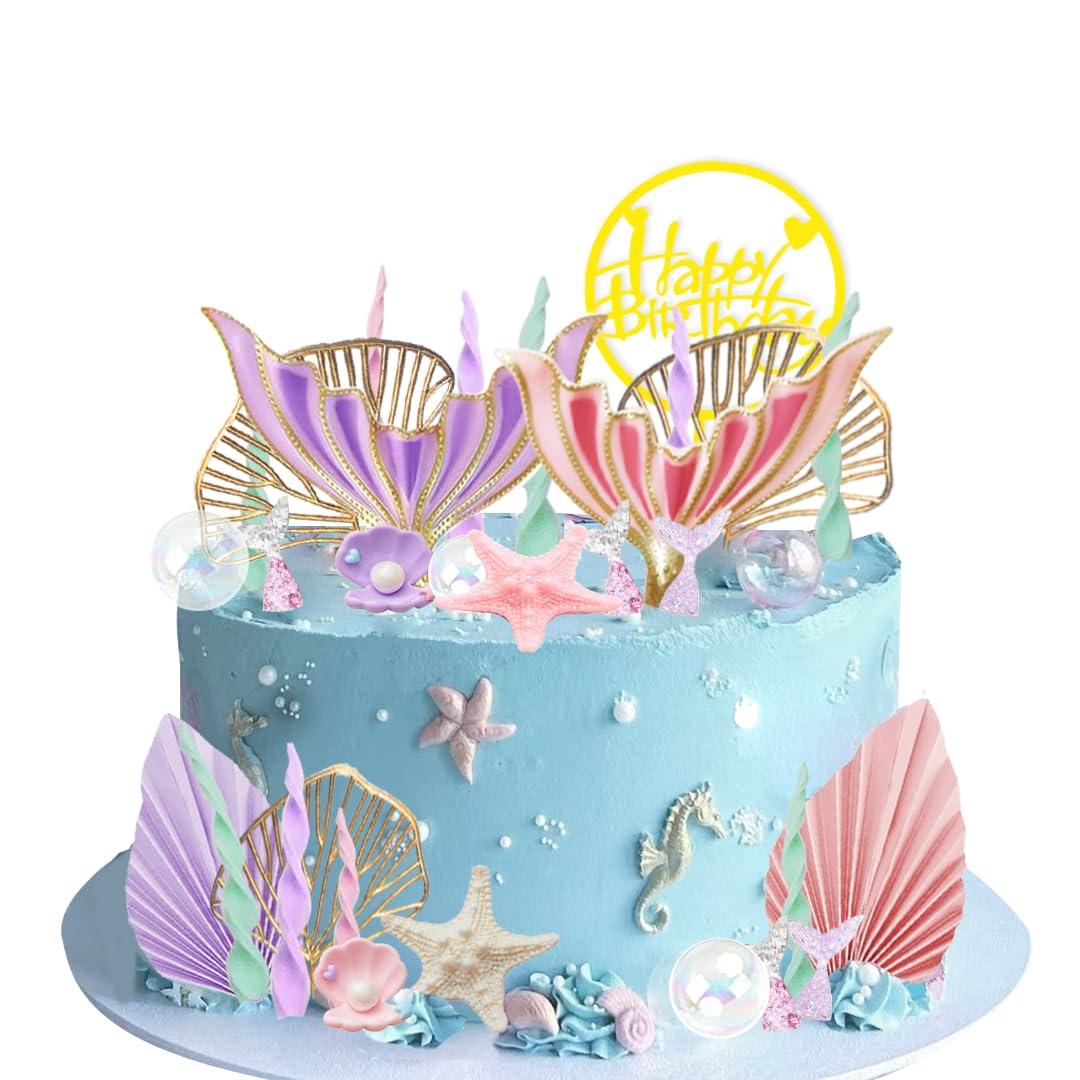 Mermaid Cake Topper Set - Large Mermaid Tails, Seaweed, Bubbles, Shells & Golden Ginkgo Leaves for Under the Sea Birthday Cake Decorations | Perfect for Mermaid Themed Parties, Baby Showers & Ocean Inspired Celebrations