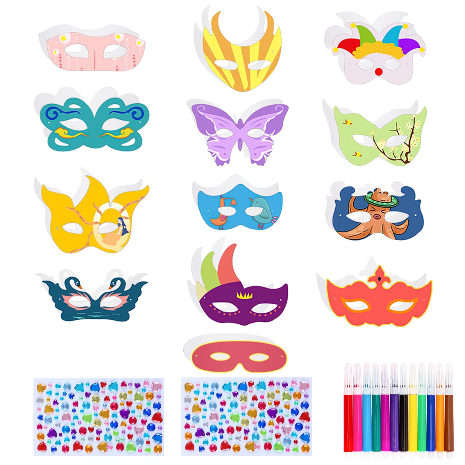 VEGCOO Kids DIY Coloring Masks - 26 Pack with Elastic Cords, Diamond Stickers & 12 Colored Pencils | White Face Masks for Children's Cosplay, Birthday Parties & Creative Activities