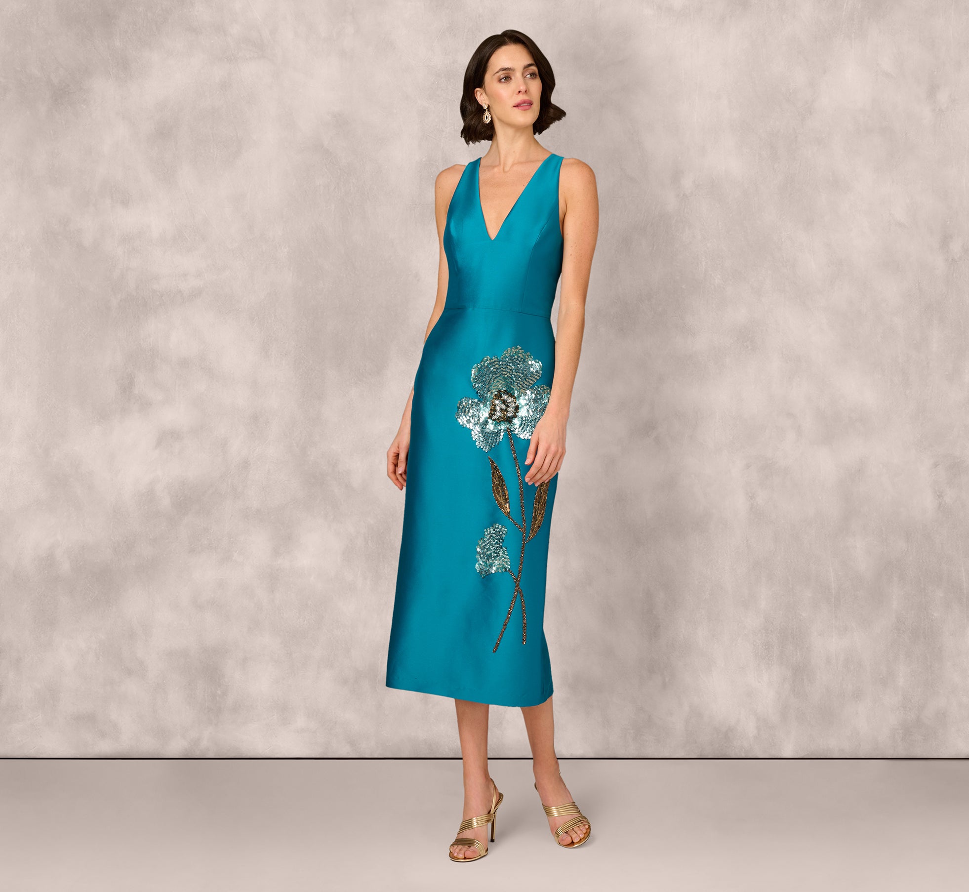 Sparkling Peacock Sequin Beaded Floral Sleeveless Midi Dress for Cocktail Party, Evening Gala & Special Occasions