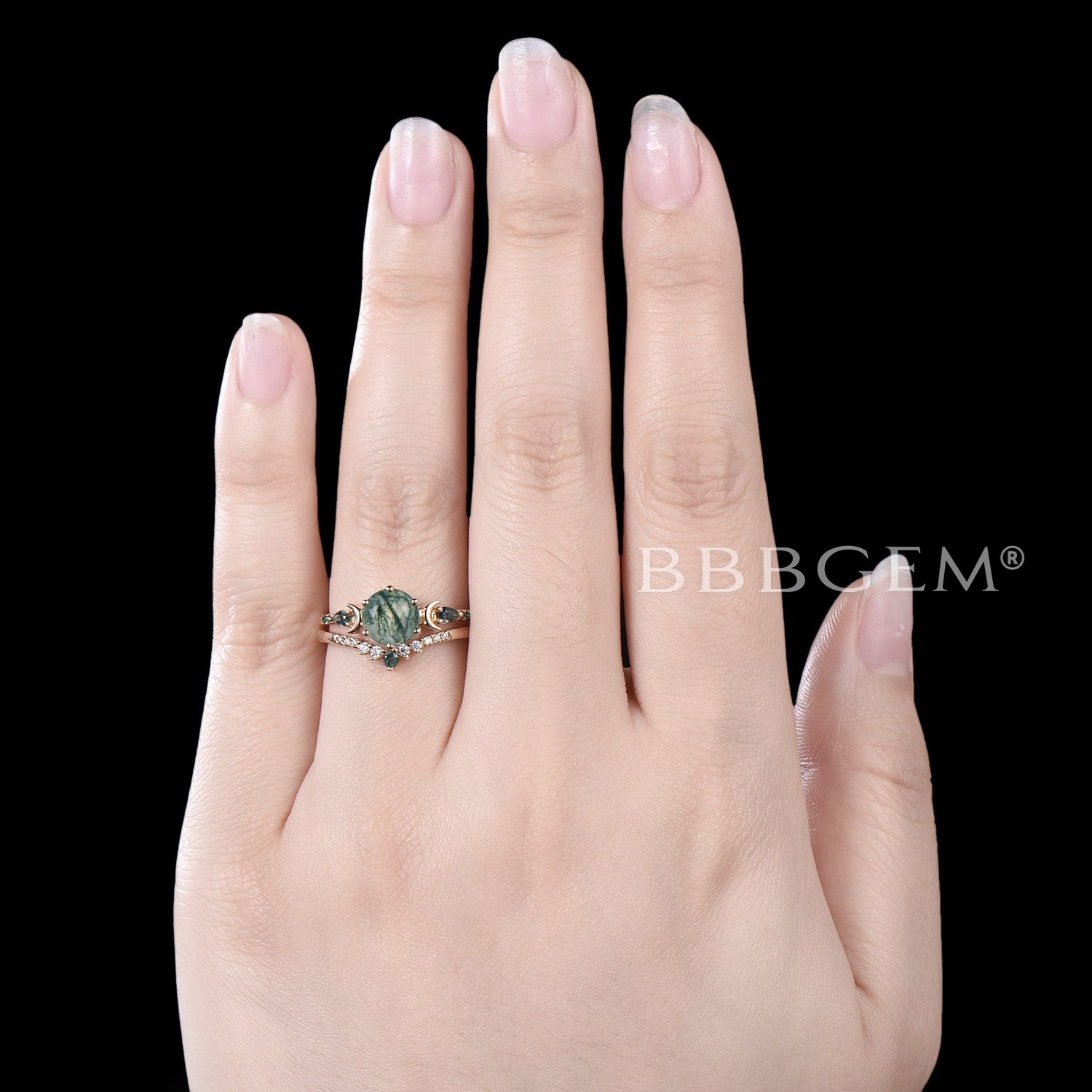 14K Gold Moss Agate Moon Engagement Ring – Elegant Aquatic Agate Wedding Band for Women, Perfect for Proposals, Anniversaries & Romantic Occasions