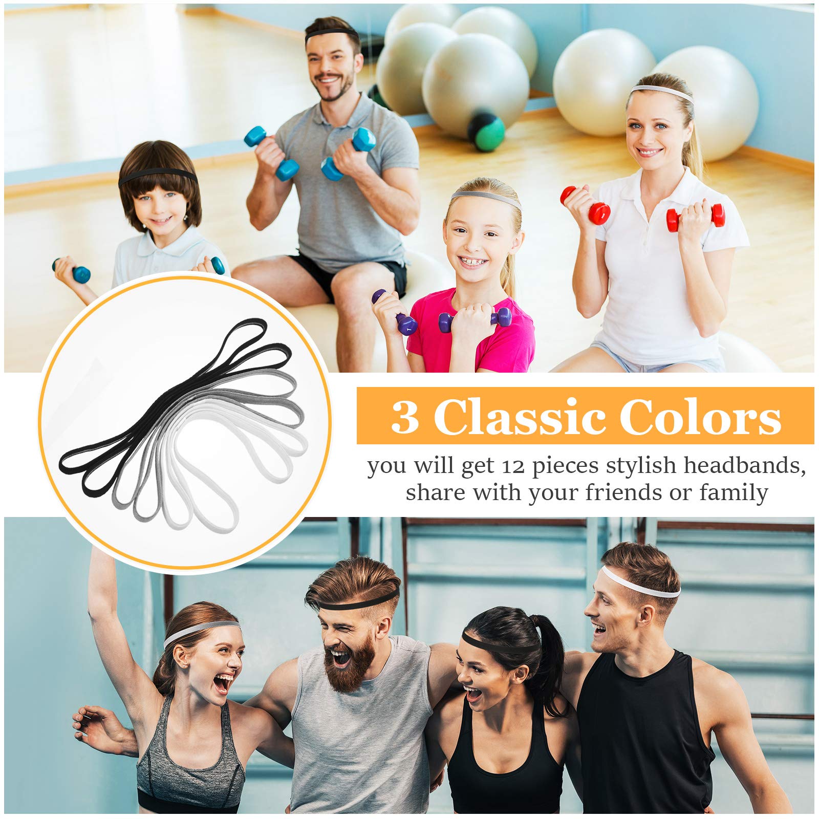 12 Pack Non-Slip Elastic Sports Headbands for Men & Women - Sweat Absorbing Workout Hair Bands with Silicone Grip for Running, Yoga, Tennis, Basketball, Football - Black White Grey Set for Gym & Active Lifestyle