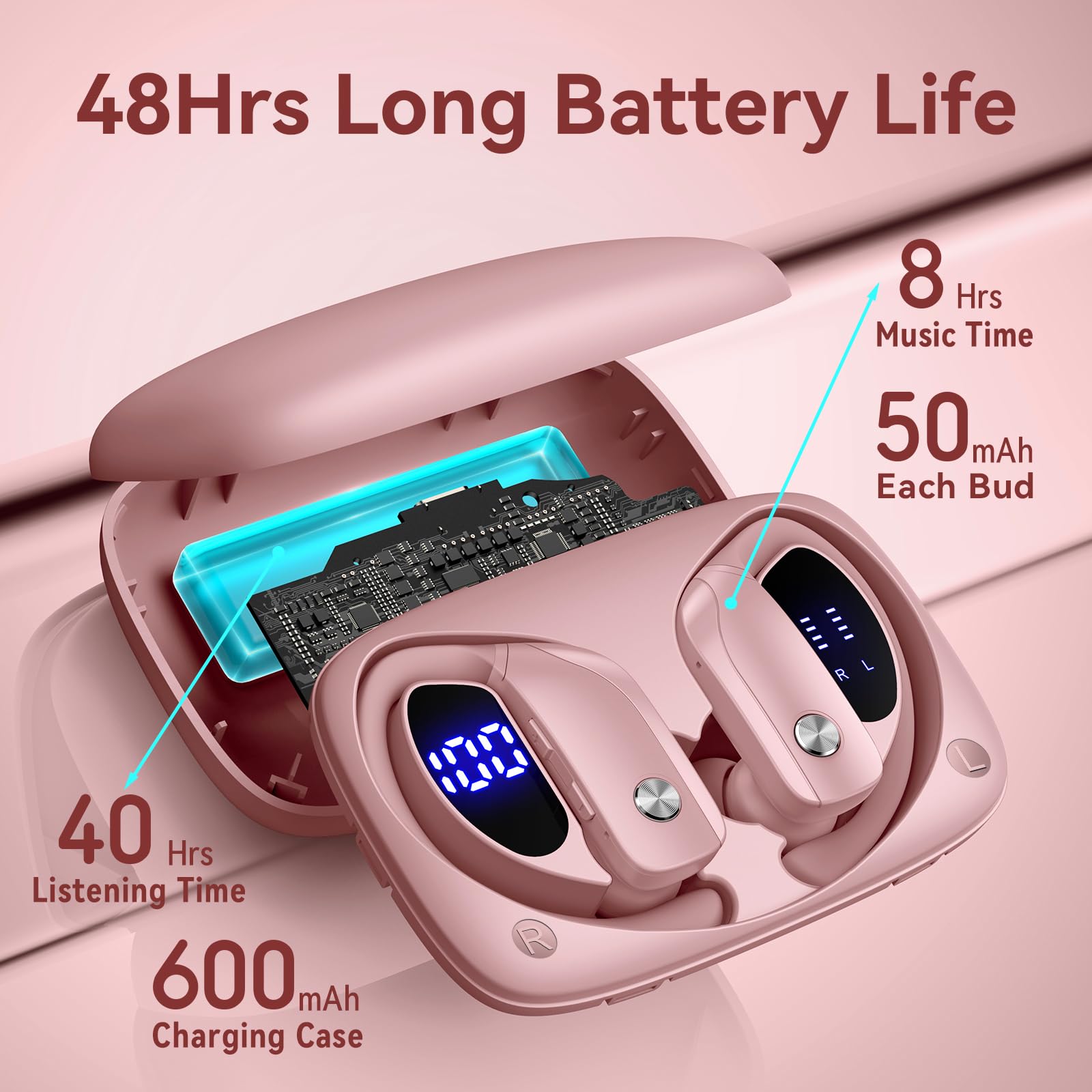 Bmani Wireless Bluetooth Earbuds with LED Display - 48H Playtime, Built-in Mic, Secure Earhooks - Perfect for Workouts, Running & Gym - Pink Sports Headphones