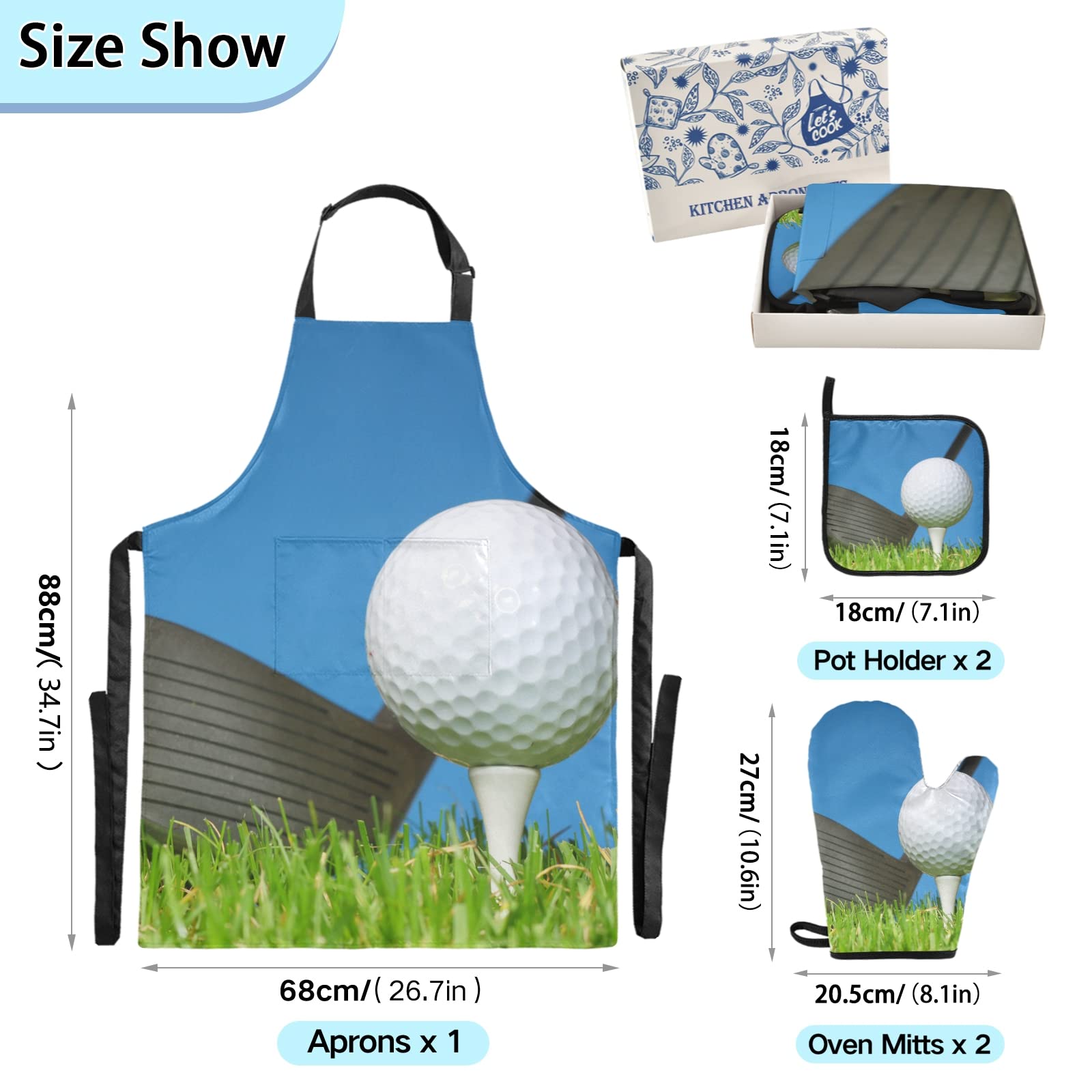 Heat-Resistant 5-Piece Kitchen Set - Insulated Oven Mitts, Pot Holder, Apron & Mat for Grilling, Baking & Cooking | Golf-Themed Design with White Ball, Steel Tee & Blue Sky Pattern | Perfect for BBQ, Baking & Microwave Use