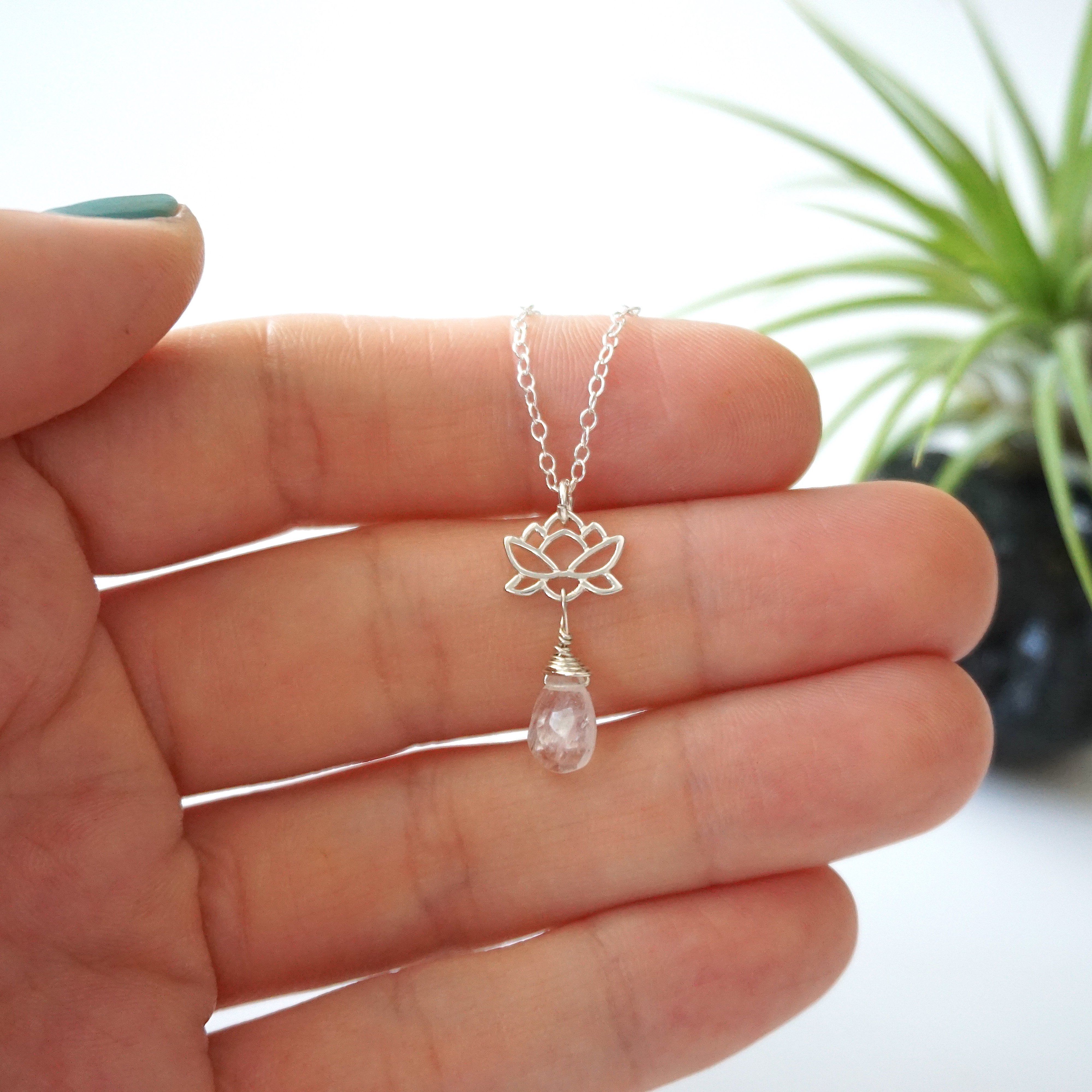 Rainbow Moonstone Sterling Silver Lotus Charm Drop Necklace - Elegant Boho Jewelry for Women, Perfect for Weddings, Parties & Everyday Wear