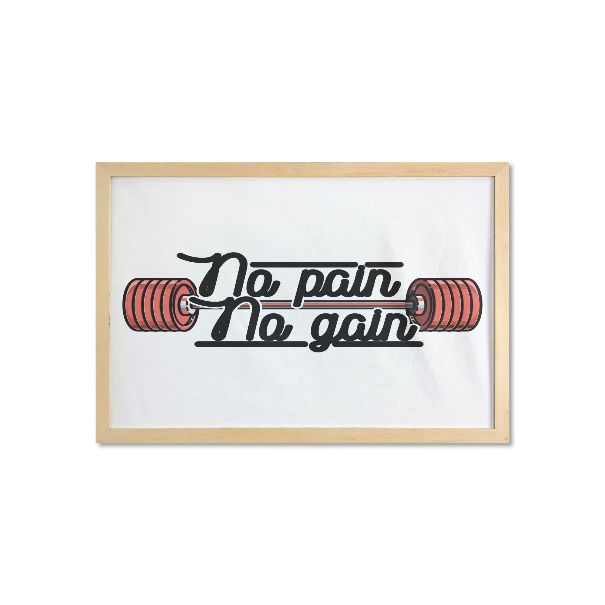 Ambesonne Vintage No Pain No Gain Fitness Wall Art with Frame - Barbell Weightlifting Bodybuilding Motivational Poster - Printed Fabric Decor for Gym, Home Office, Living Room, Dorm - 35