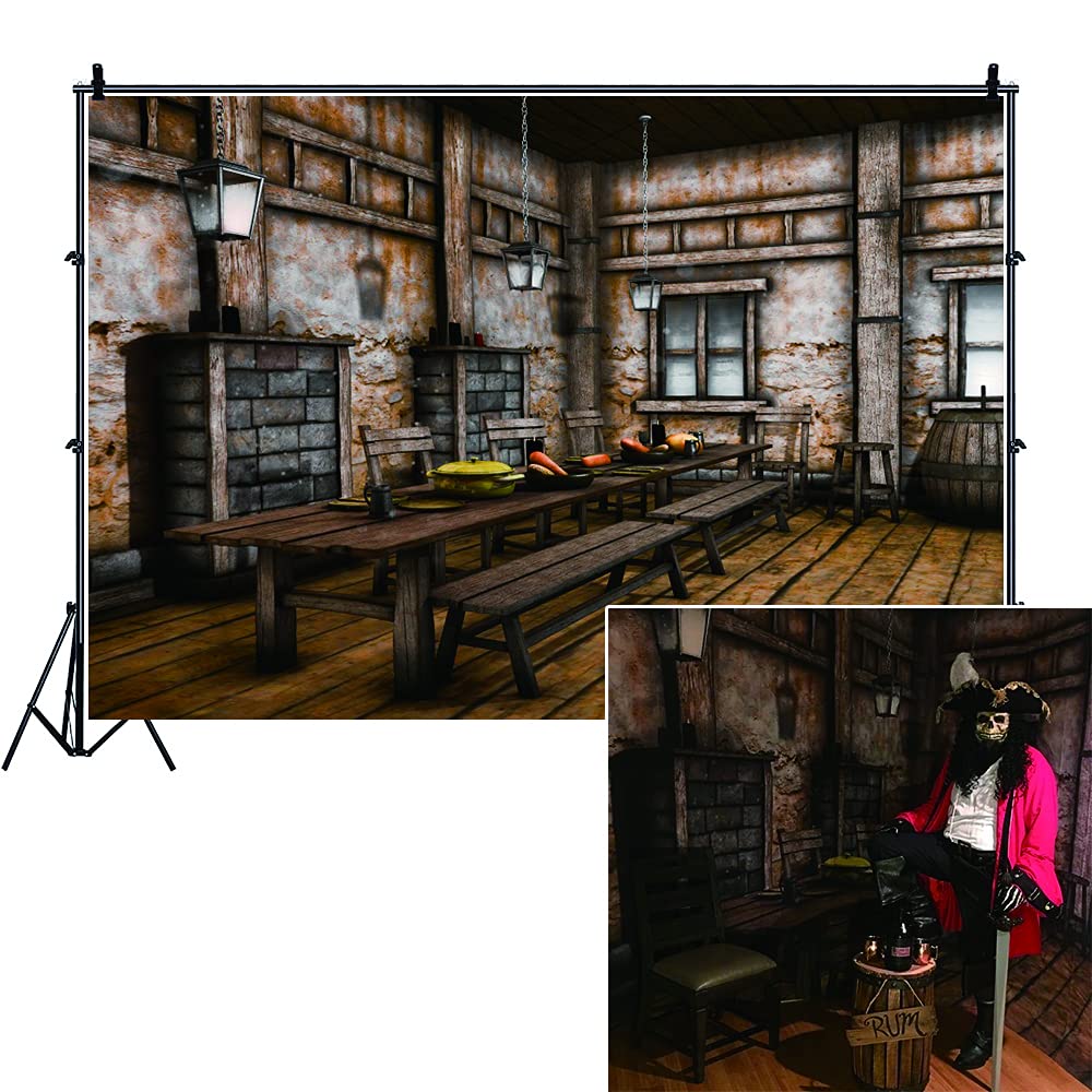 LFEEY 10x8ft Medieval Tavern Backdrop - Vintage Western Cowboy Photography Background with Wood Bar Counter, Tables & Chairs - Wild West Theme Party Decor for Portraits, Studio Props & Western Events