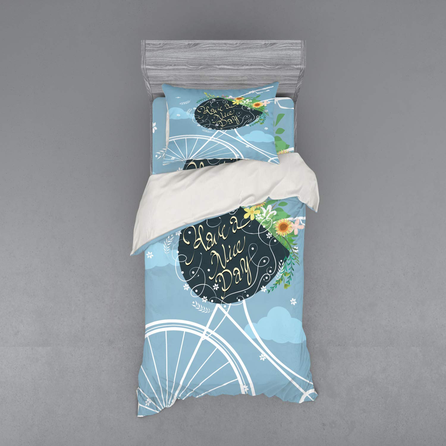 Ambesonne 3-Piece Duvet Cover Set - 'Have a Nice Day' Calligraphy with Bicycle Basket & Colorful Flowers Design, Twin XL Size in Pale Sky Blue & Multicolor - Perfect for Bedroom Decor, Guest Room, Dormitory & Cozy Home Styling