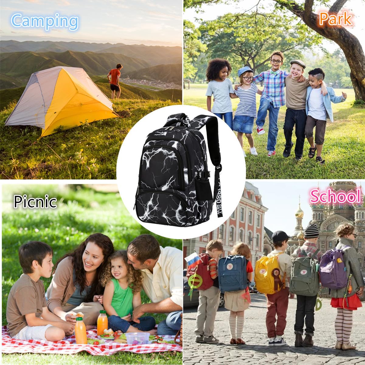 Camo Backpack for Kids - Lightweight Water Repellent School Backpack for Elementary & Middle School Students (Lightning Black 2-in-1) - Perfect for Daily School Use, Outdoor Adventures & Travel
