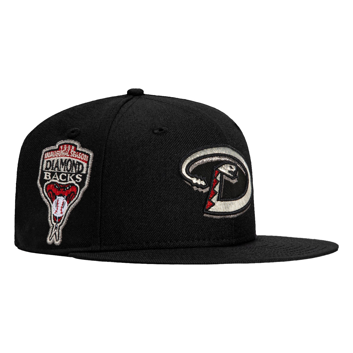 New Era 59Fifty Arizona Diamondbacks Inaugural Patch Baseball Cap - Black, Metallic Silver, Red - Official MLB Hat for Baseball Games & Streetwear Fashion
