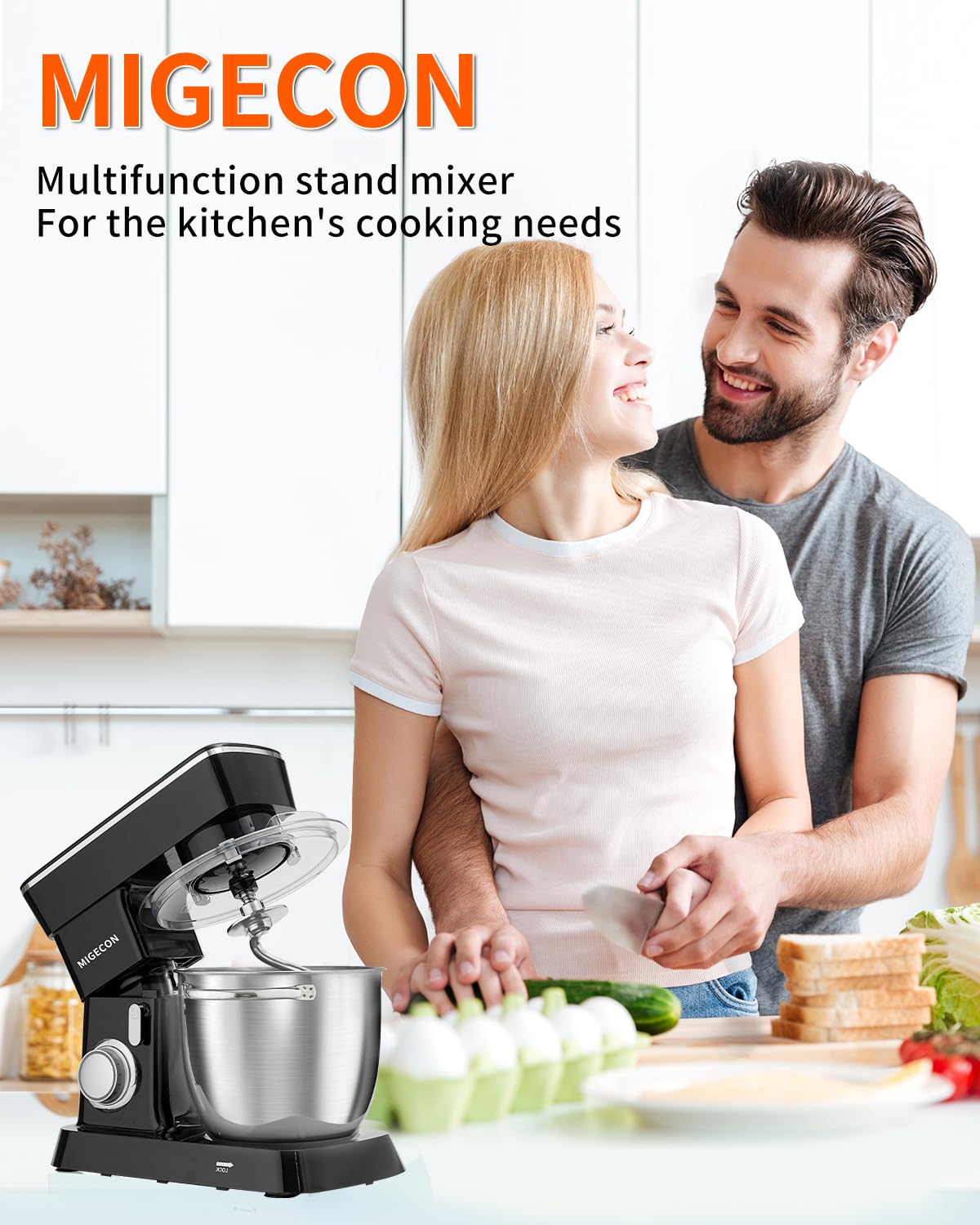 MIGECON 5.26 QT Stand Mixer - Stainless Steel Bowl, 10 Speed Settings with Whisk, Dough Hook & Flat Beater Attachments - Lightweight Portable Kitchen Mixer for Baking Cakes, Cookies & Bread Dough - Perfect for Home Bakers & Small Bakeries (Black)
