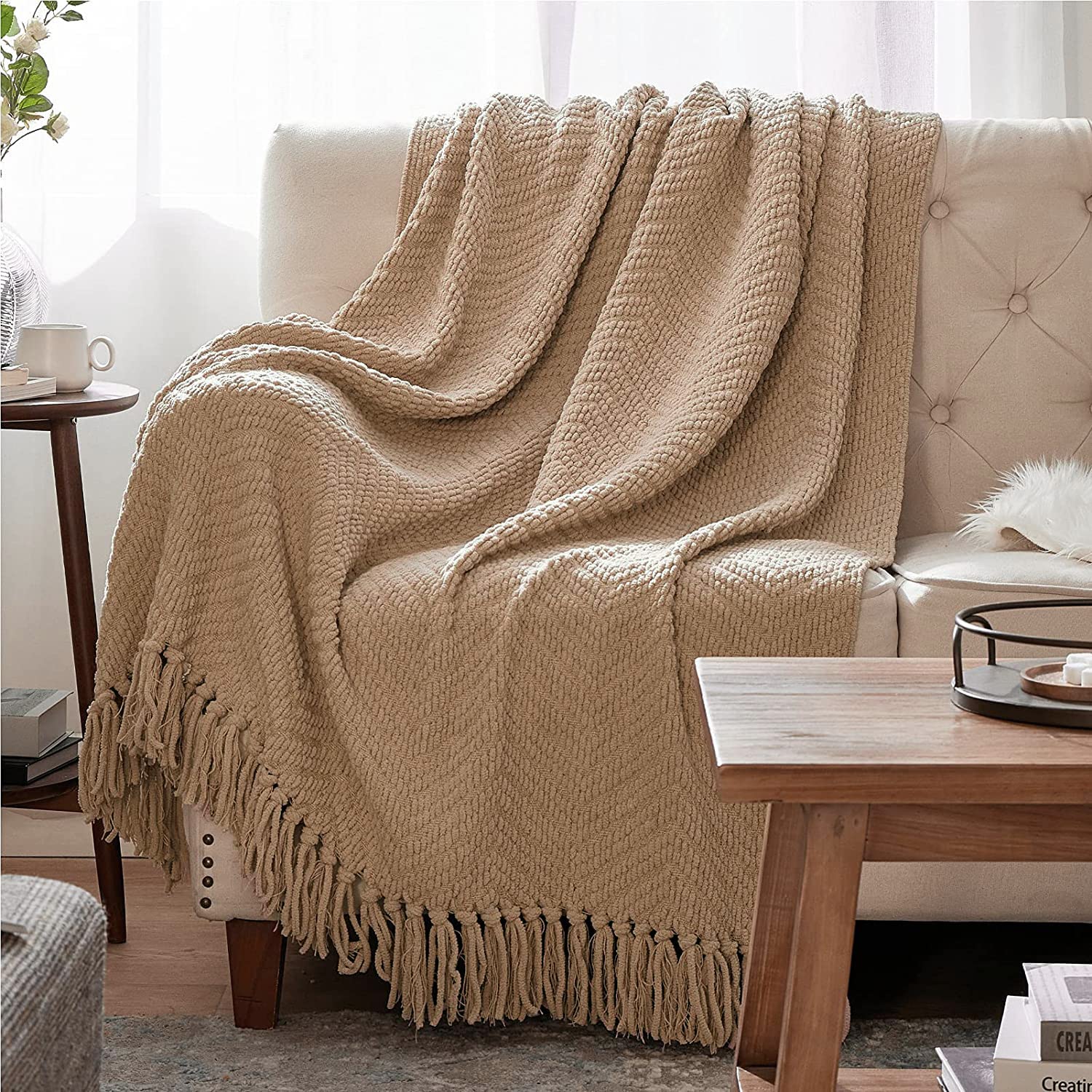 Bedsure 50x60 Inch Beige Knit Woven Chenille Throw Blanket - Super Soft Warm Decorative Blanket with Tassels for Couch, Sofa, Bed & Living Room | Perfect for Cozy Evenings, Netflix Binges & Home Decor