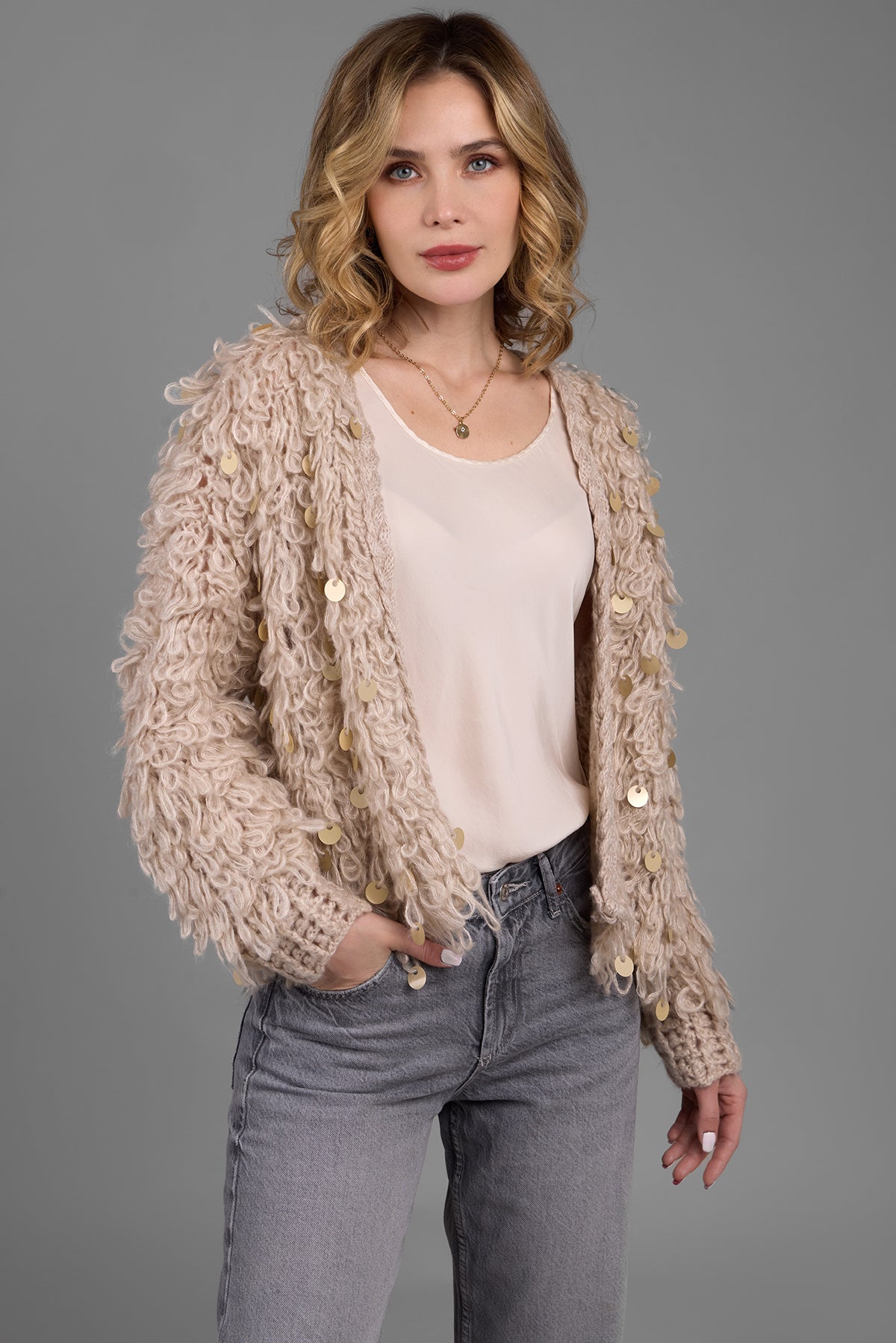 Sparkly Sequined Loop Knit Cardigan for Women - Elegant Open Front Sweater for Party, Wedding & Evening Outfits
