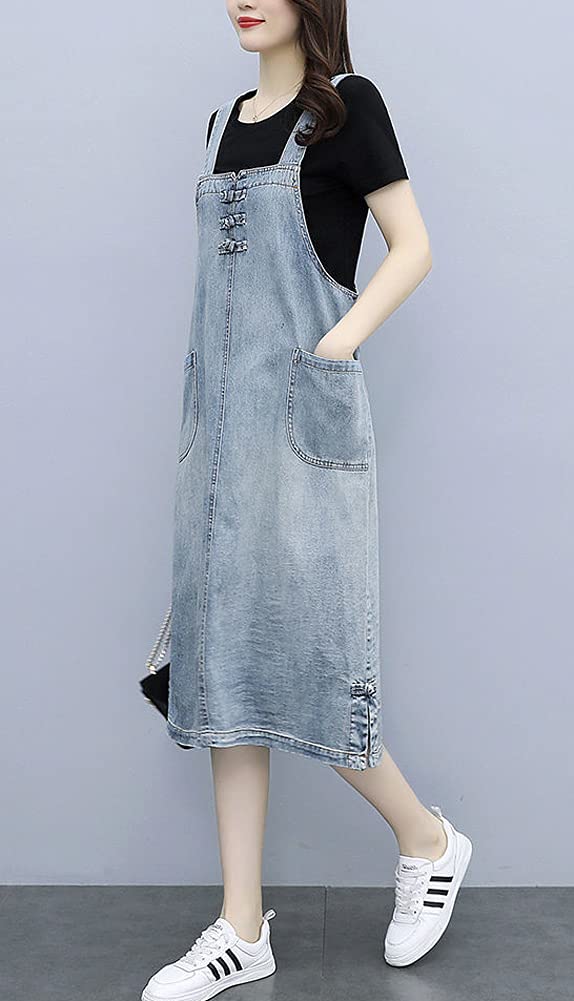 Women's Casual Frog Button Denim Overalls Dress A-Line Midi Long - Stylish Retro Outfit for Streetwear, Date Night & Spring Fashion
