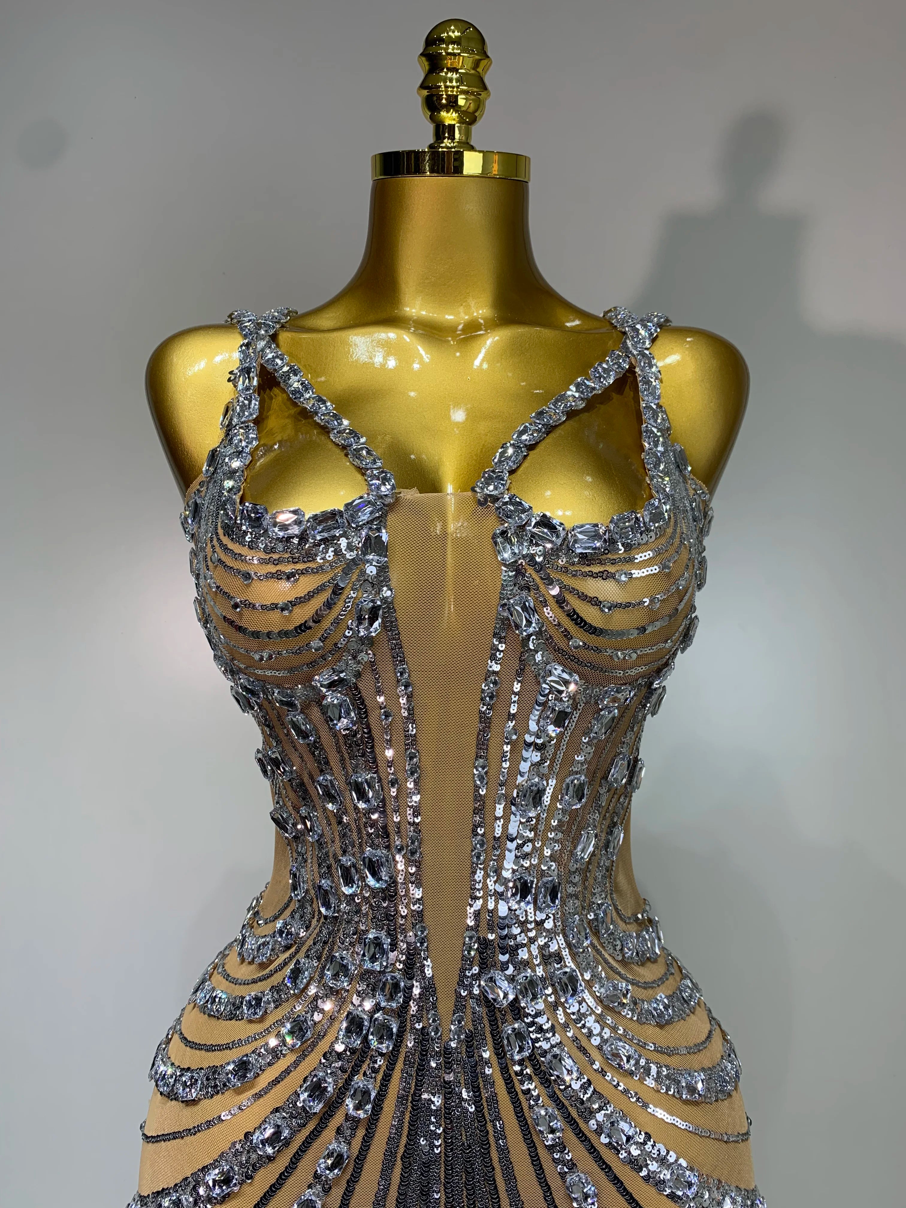 2025 Women's Luxury Rhinestone Mesh Long Dress - Sexy See-Through White Prom Gown for Birthday Party, Nightclub & Singer Performances | Elegant Evening Wear & Special Occasion Outfit