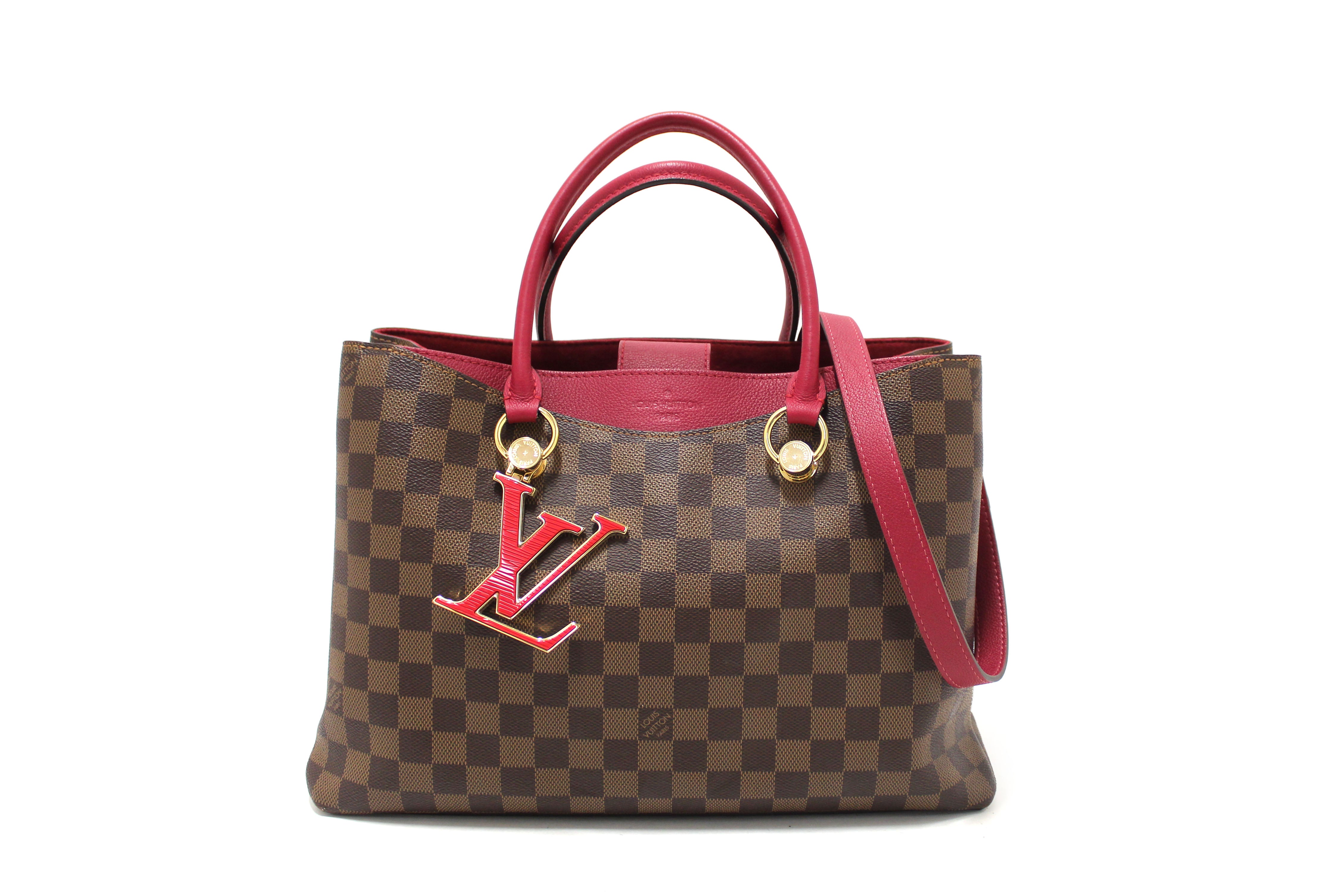 Authentic Louis Vuitton Damier Ebene Canvas Riverside Bag with Red Leather Trim - Luxury Designer Handbag for Women, Perfect for Work, Travel & Evening Events