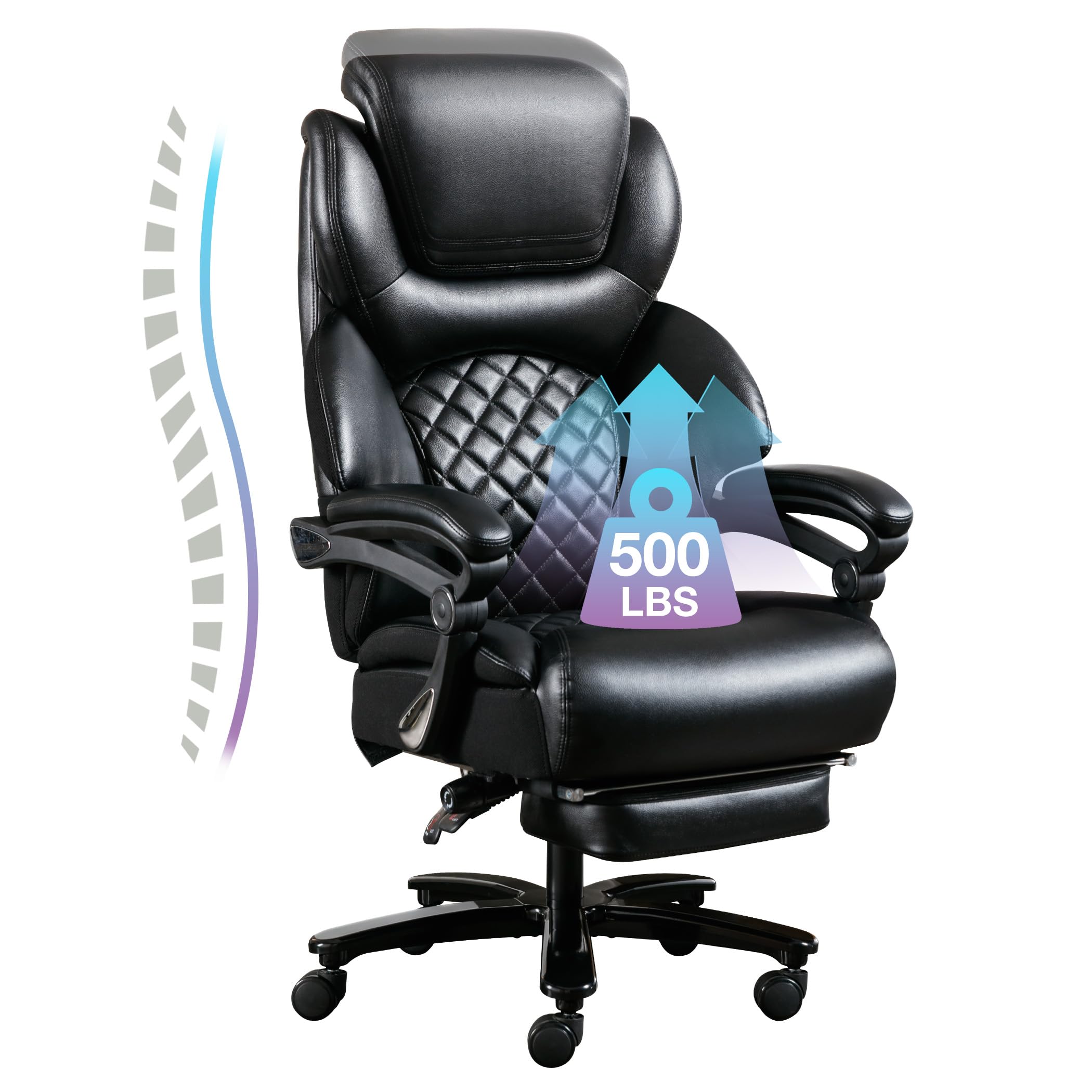Big and Tall Office Chair for Heavy People up to 500 lbs - Extra Wide High Back Executive Chair with Reclining Feature, Footrest & Lumbar Support - Premium PU Leather Ergonomic Desk Chair for Home Office, Gaming, and Workspace Comfort