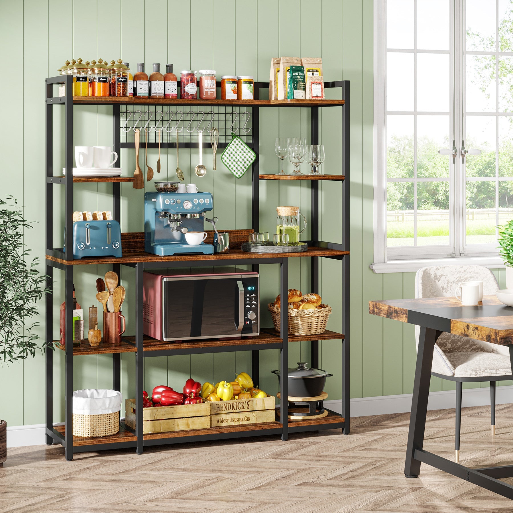 5-Tier Kitchen Baker's Rack with 11 Hooks - 55 Inch Wide Metal Storage Shelf for Spices, Cookware & Baking Supplies - Perfect for Pantry, Garage & Small Space Organization