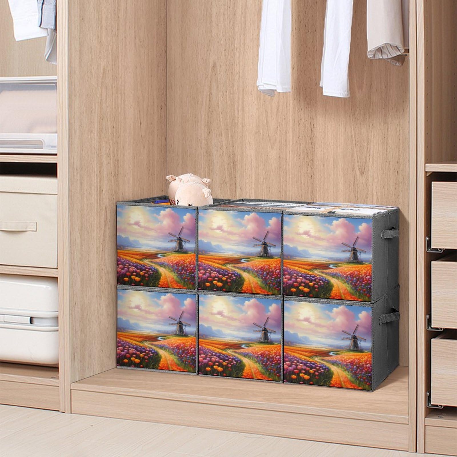 Dutch Windmills Tulips Foldable Storage Cubes - 6 Pack Collapsible Fabric Bins with Handles for Home, Office, Nursery & Closet Organization - Stylish Square Storage Baskets for Toys, Books & Laundry