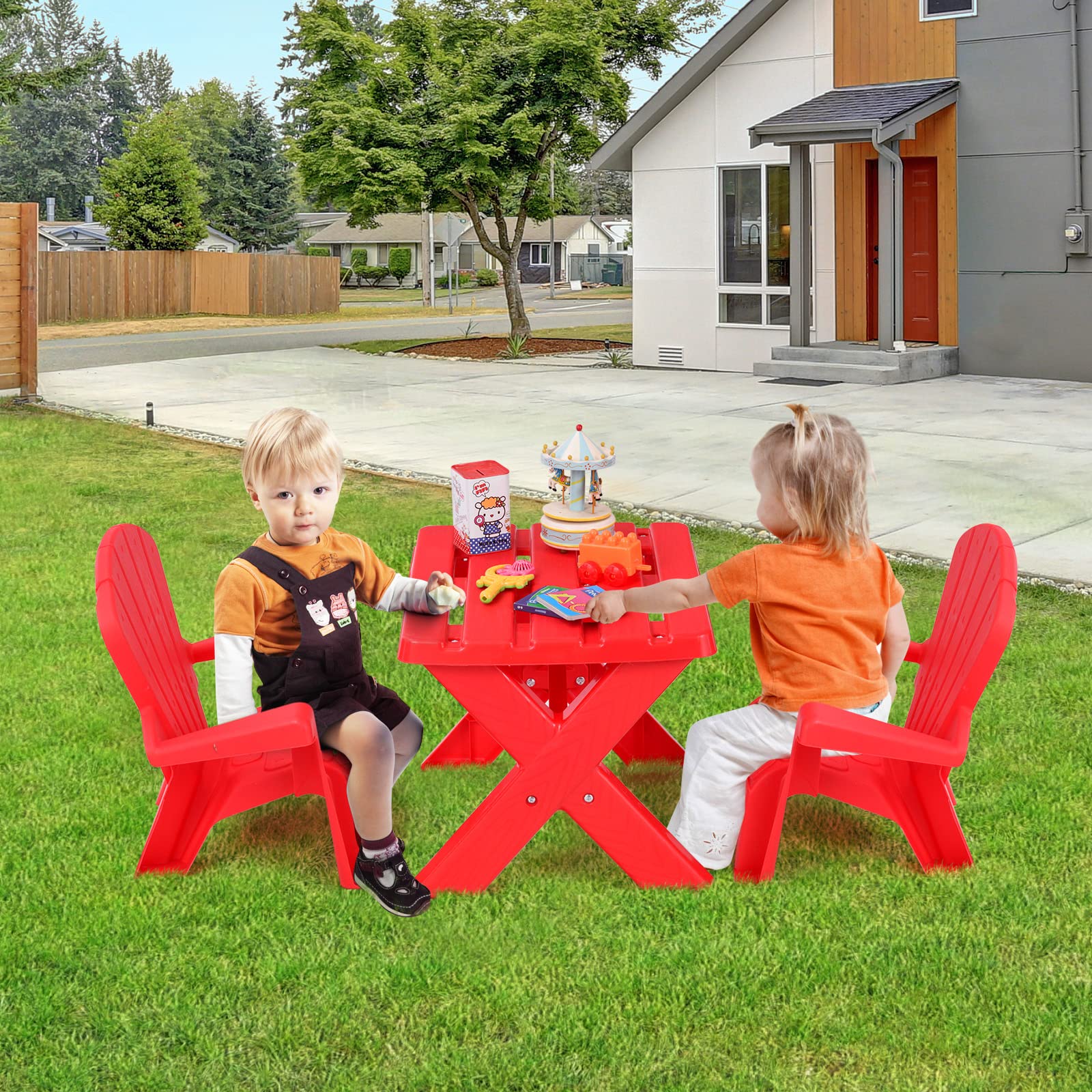 COSTWAY Kids Outdoor Table & Chair Set - 3-Piece Toddler Play Table with 2 Adirondack Chairs, Stackable Space-Saving Backyard Furniture for Beach, Garden & Lawn (Red) | Perfect for Outdoor Play, Picnics & Summer Activities