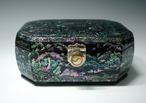 Handcrafted Asian Luxury Jewelry Box - Mother of Pearl Inlaid Octagonal Wooden Treasure Chest with Landscape Design, Black Lacquer Finish | Perfect for Jewelry Storage, Gift Giving & Home Decor