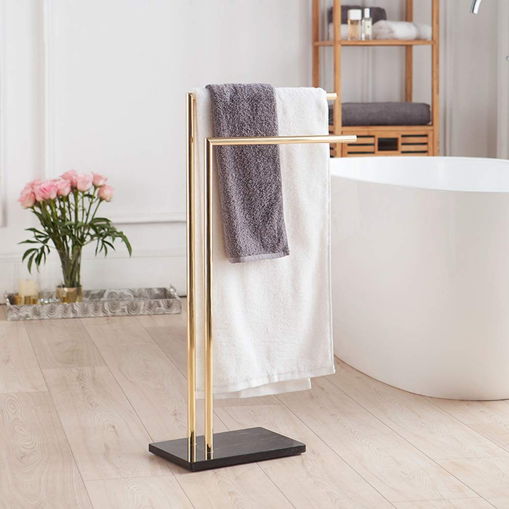 Freestanding Towel Rack - Double L Shape Metal Brass Towel Holder with Marble Base | Modern Bathroom & Kitchen Towel Drying Stand (80cm Height) | Perfect for Spa, Guest Bathrooms & Luxury Home Decor