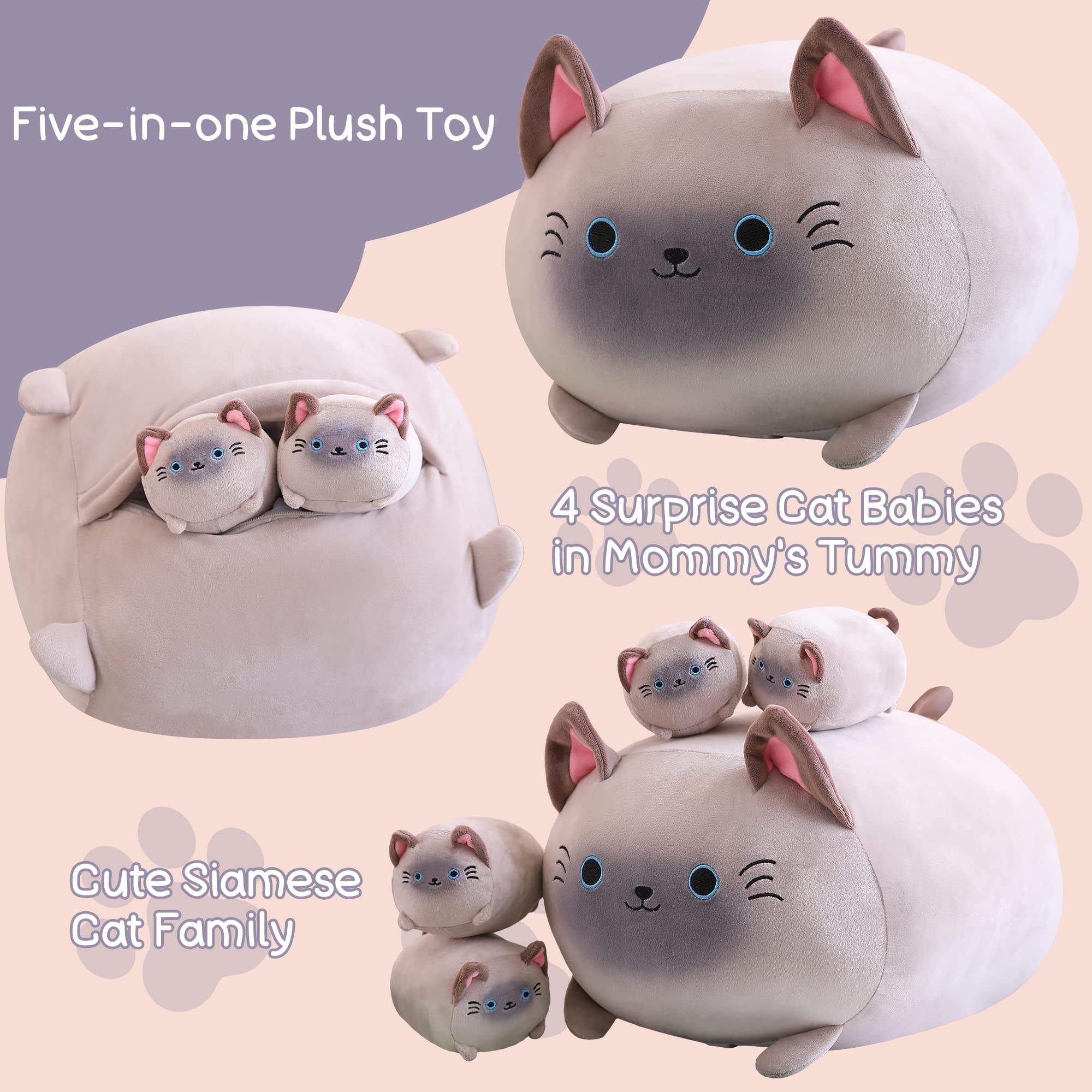 SQEQE Siamese Cat Plush Toy - Adorable Stuffed Animal Mommy with 4 Soft Kittens, Cuddly Plush Pillow Gift for Kids & Cat Lovers | Perfect for Nursery Decor, Birthday Presents & Comfort Companionship