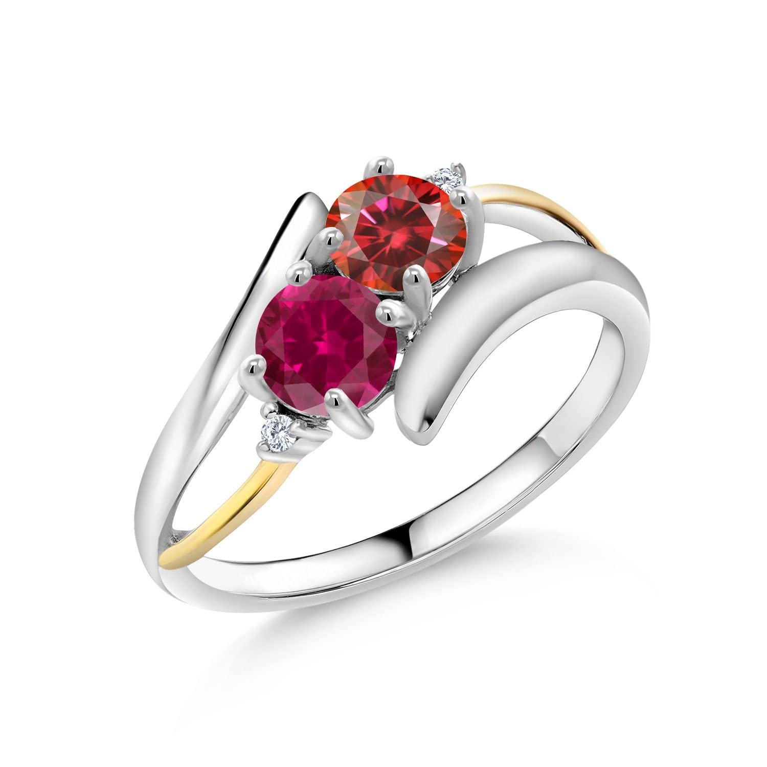 Gem Stone King 925 Sterling Silver & 10K Yellow Gold Red Created Ruby Ring Set with Red Moissanite (1.52 Cttw) - Elegant Jewelry for Weddings, Anniversaries & Special Occasions