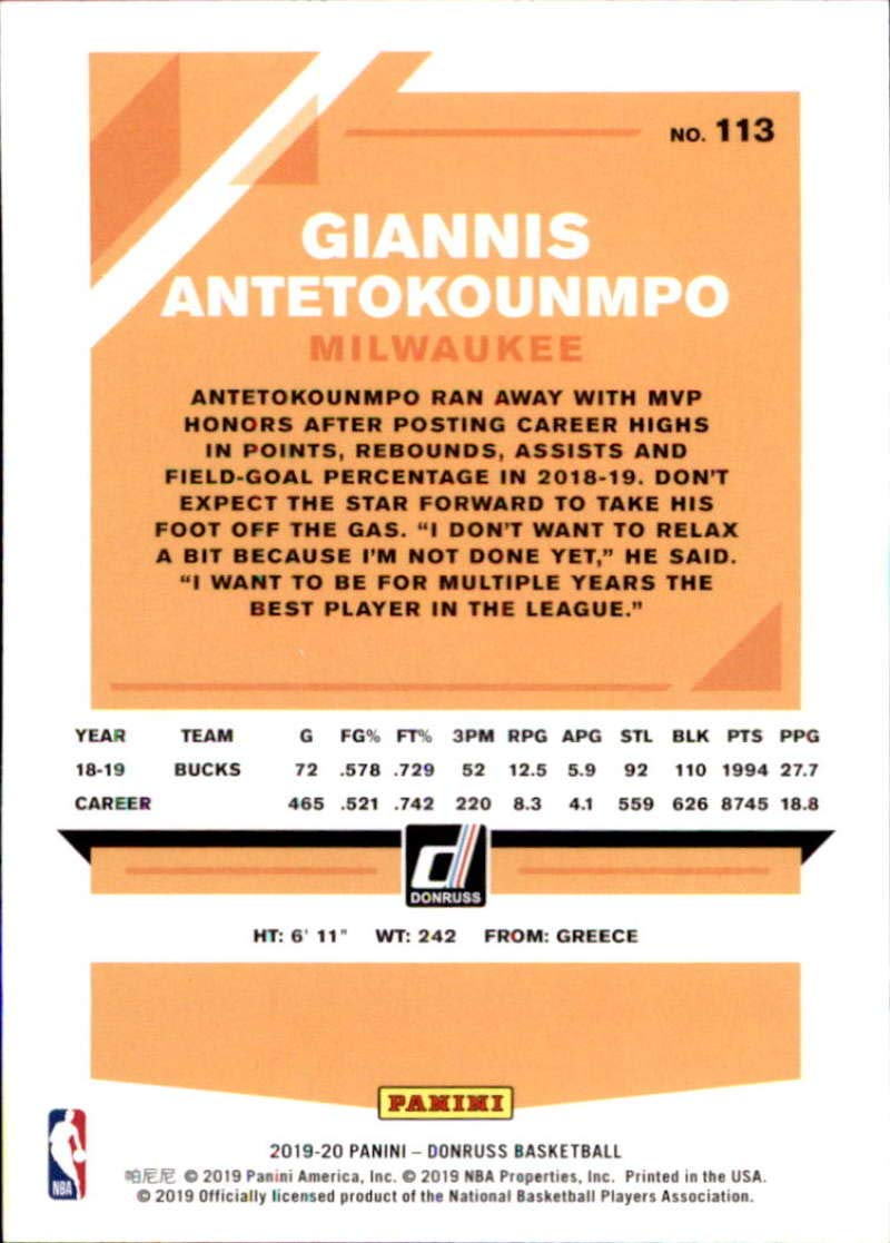 2019-20 Donruss #113 Giannis Antetokounmpo Milwaukee Bucks NBA Basketball Trading Card - Perfect for Collectors, Fans, and Sports Memorabilia Enthusiasts