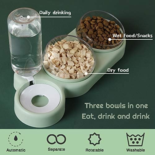 Raised Cat Bowls Set - 2 Food & 1 Water Feeder for Cats & Small Dogs (Green) - Perfect for Home & Travel Use