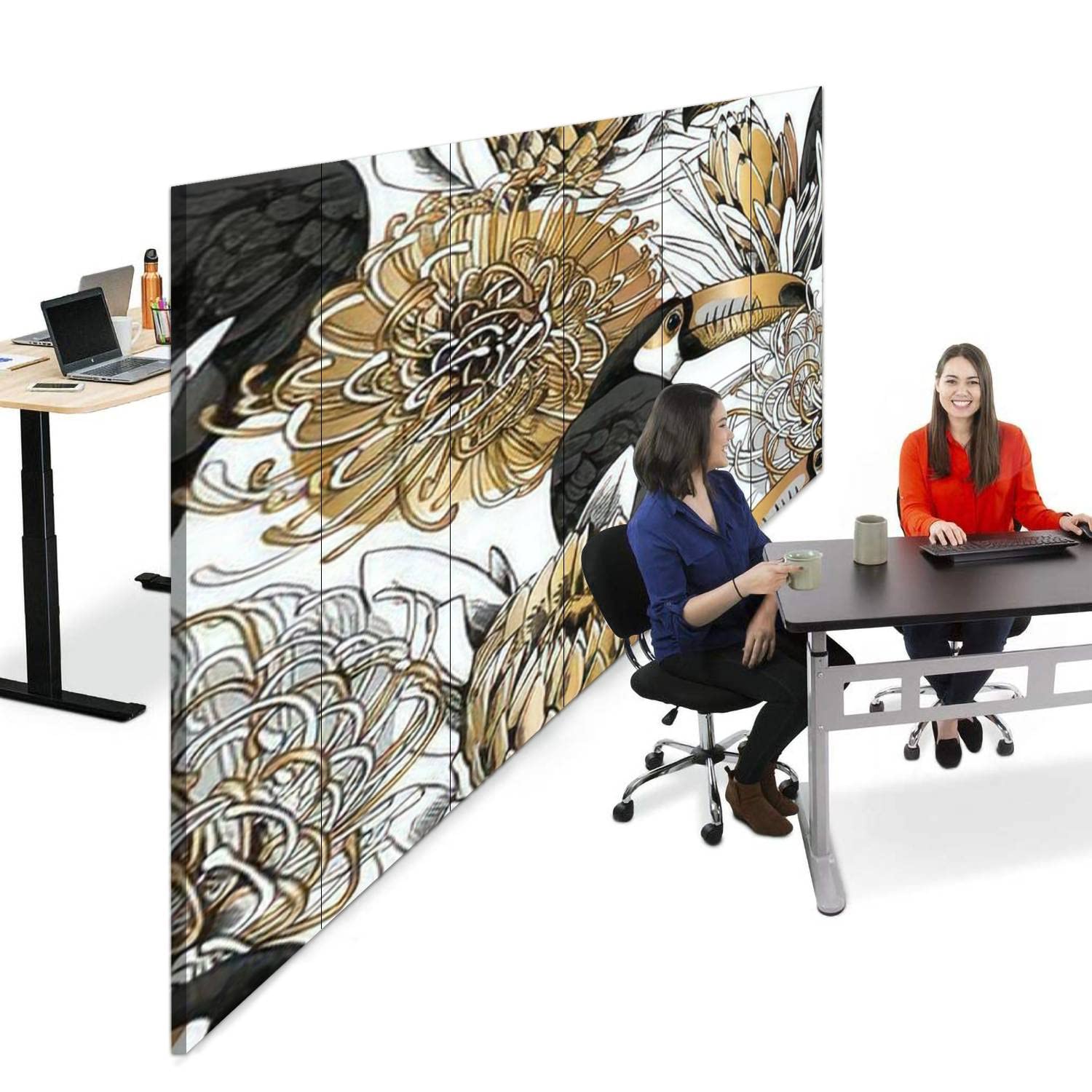 Floral Toucan Canvas Room Divider Screen - 6 Panel Folding Privacy Partition with Gold & Silver Protea Design | Perfect for Home Office, Living Room, Bedroom Separation & Decoration