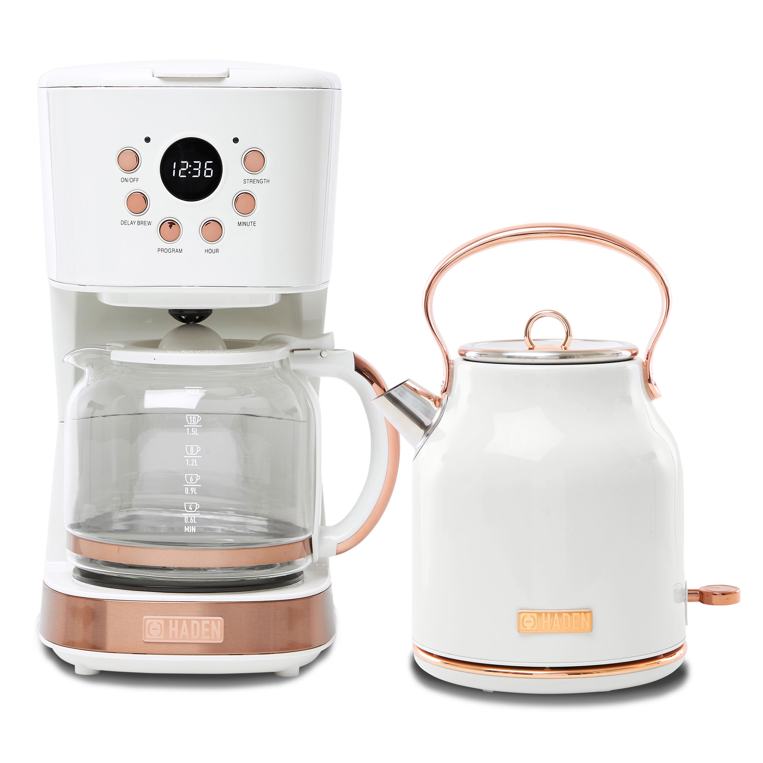 HADEN 12 Cup Drip Coffee Maker with 1.7L Stainless Steel Electric Kettle Set - Ivory & Copper Heritage Style for Home, Office & Kitchen Use