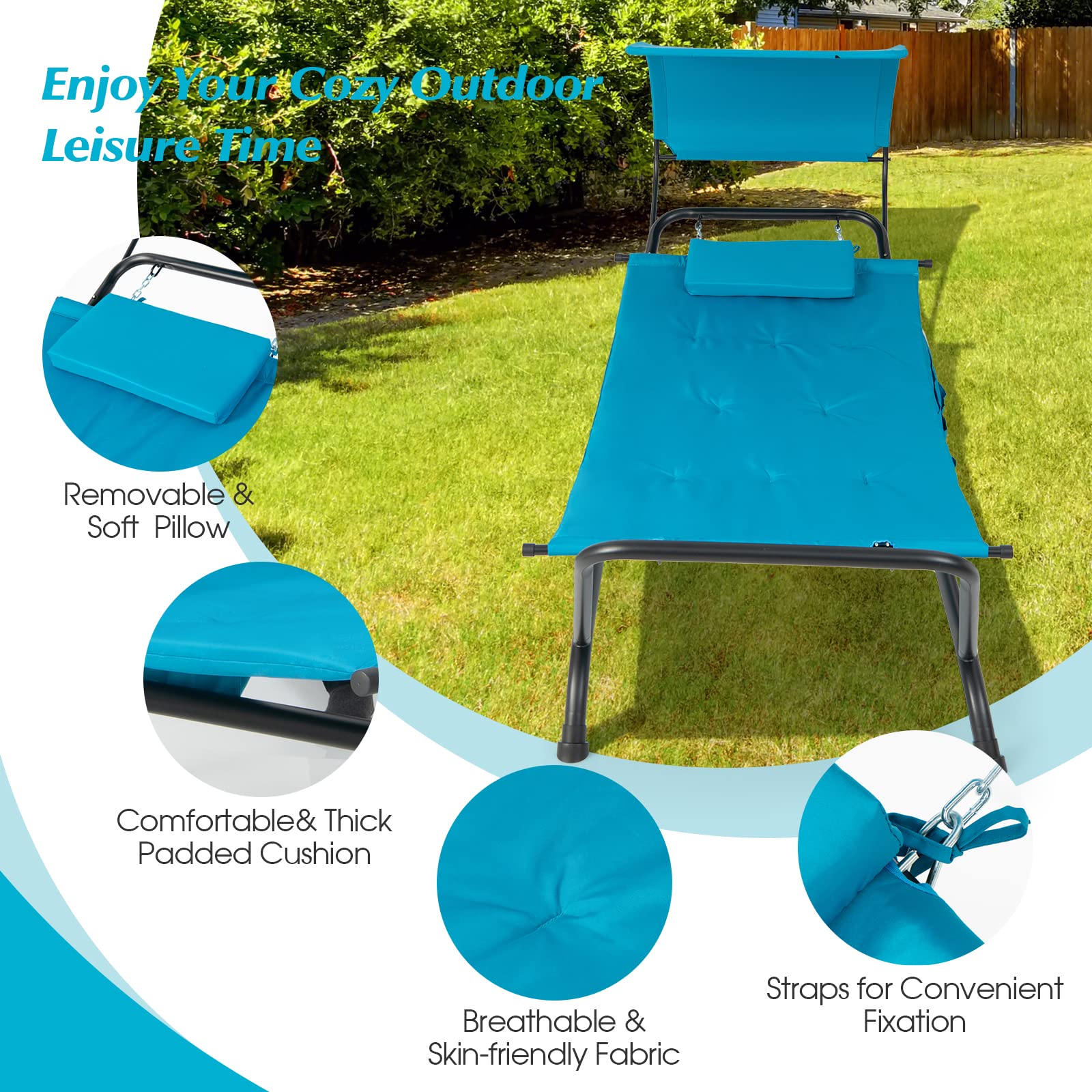 Giantex Heavy Duty Hanging Hammock with Stand - Outdoor Patio Swing Bed with Canopy, Cushion, Pillow & Storage Bag - Blue Chaise Lounge Chair for Garden, Backyard, Poolside, Porch - Perfect for Relaxing, Sunbathing and Outdoor Lounging