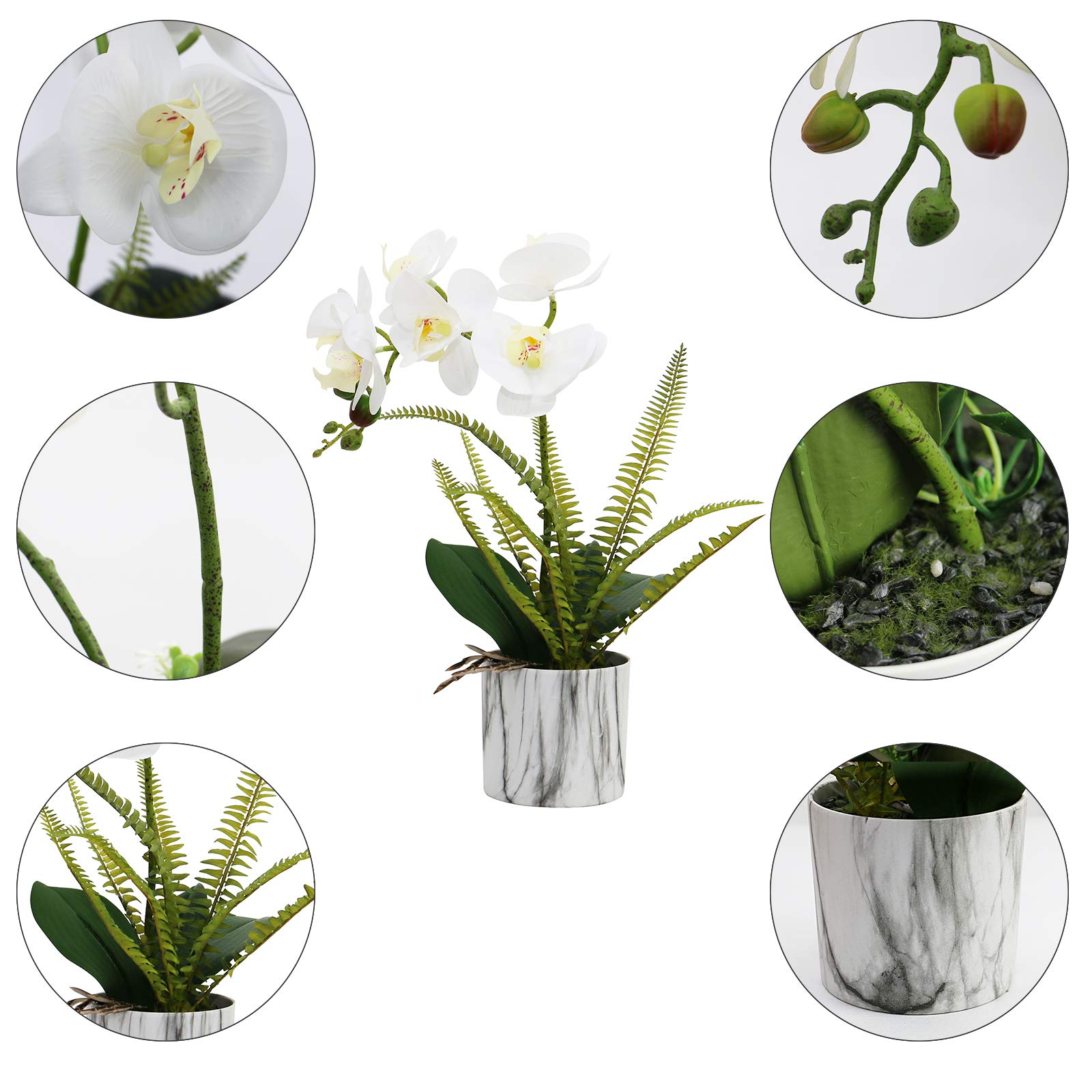 Olrla White Orchid Artificial Flowers in Pot - Real Touch Fake Orchid Plants for Home Decor, Kitchen, Bathroom, Office & Wedding Centerpieces - Lifelike Silk Floral Arrangement for Tabletop Decorations (White, 1 Pack)