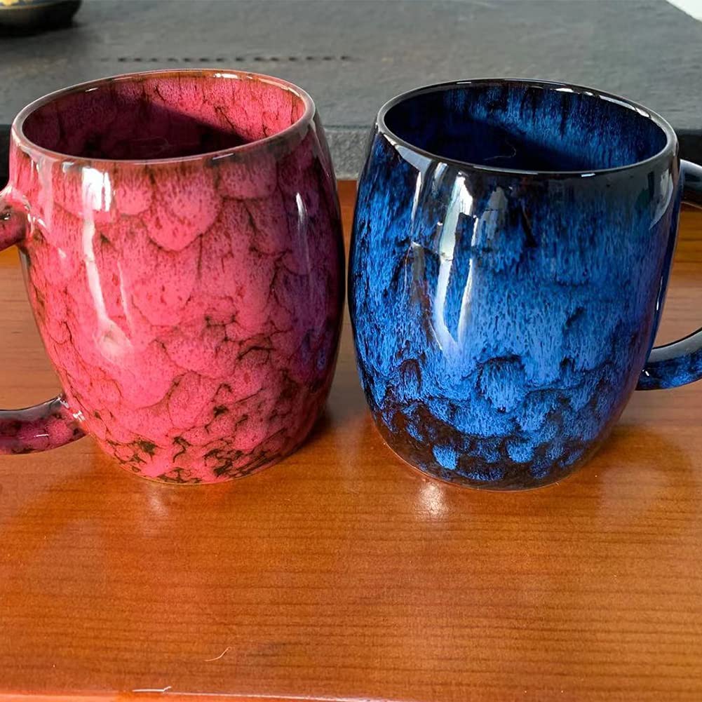 Vintage Style Ceramic Coffee Mug Set - Retro Red & Blue Coffee Cups for Home, Office, or Gift Giving - Perfect for Hot Drinks, Tea, or Soup