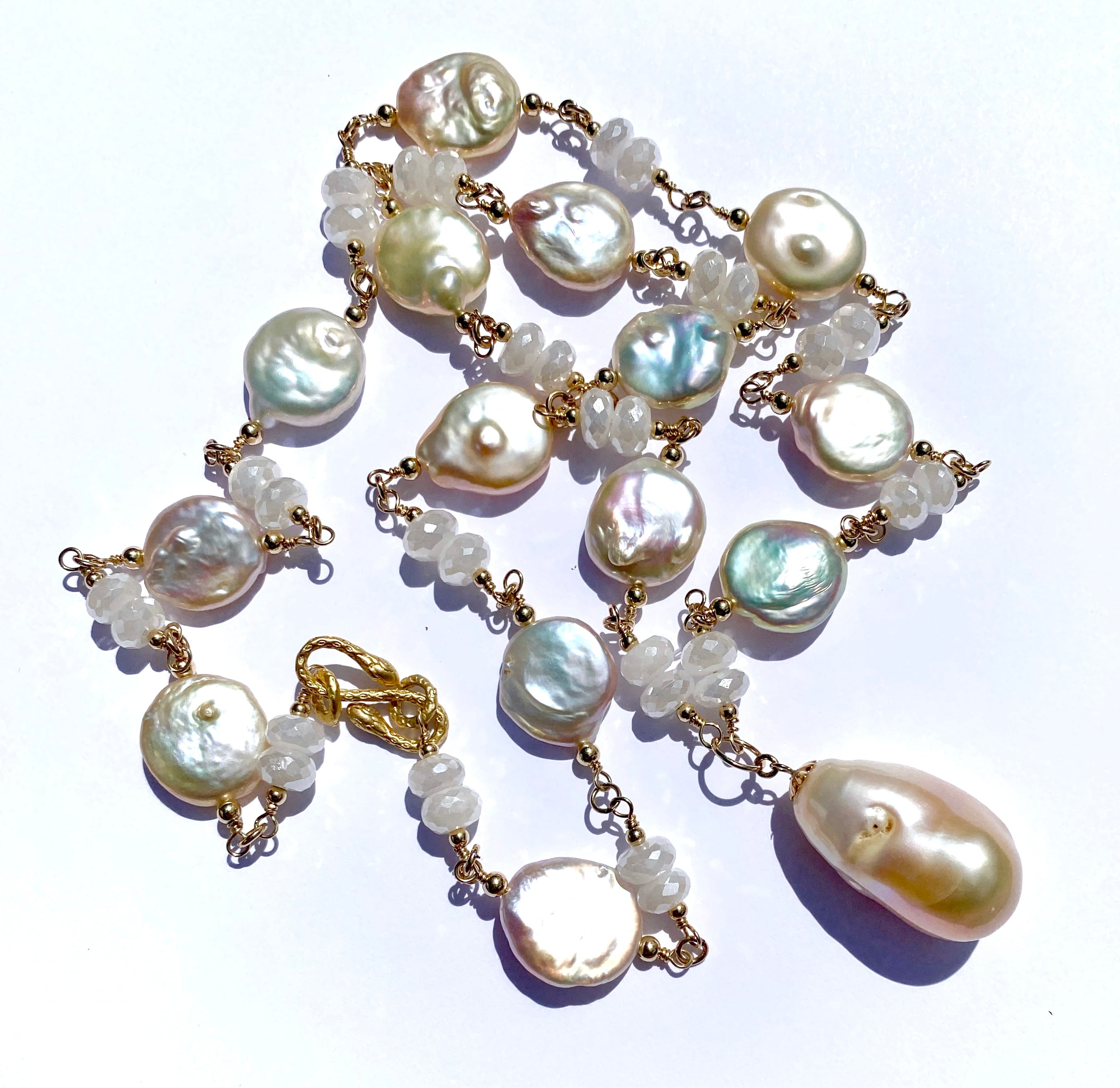 Elegant Baroque Pearl & Mystic Moonstone Rosary Necklace in Gold Fill - Perfect for Boho Chic, Vintage & Gothic Fashion