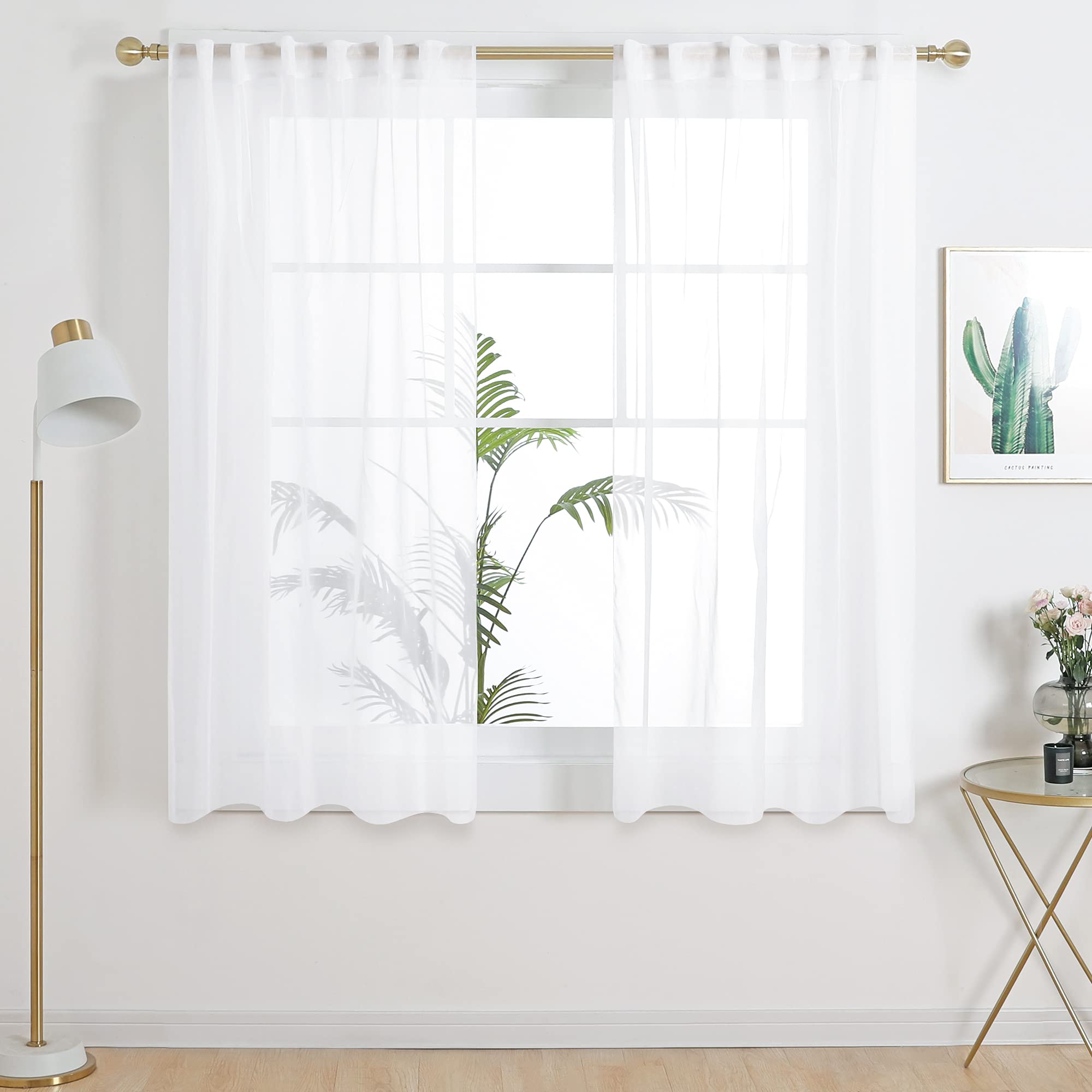 Deconovo Sheer Curtains 45 Inch Length - Light Filtering White Back Tab & Rod Pocket Drapes for Small Windows (Set of 2 Panels, 52W x 45L) - Perfect for Living Room, Bedroom & Office Privacy