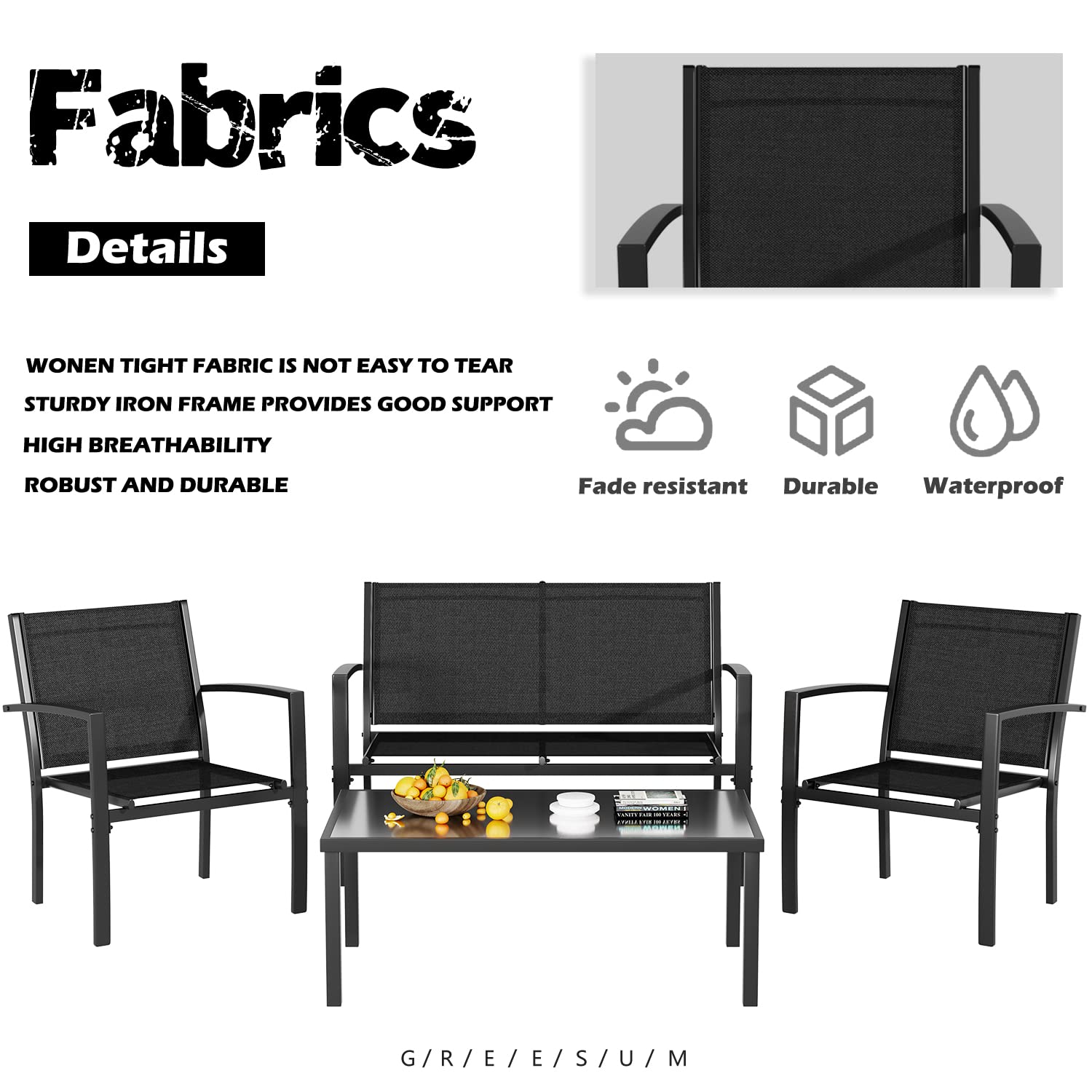 Greesum 4-Piece Outdoor Patio Furniture Set with Glass Coffee Table - Black Conversation Set for Garden, Lawn, Poolside & Backyard Relaxation | Perfect for Outdoor Entertaining & Lounging