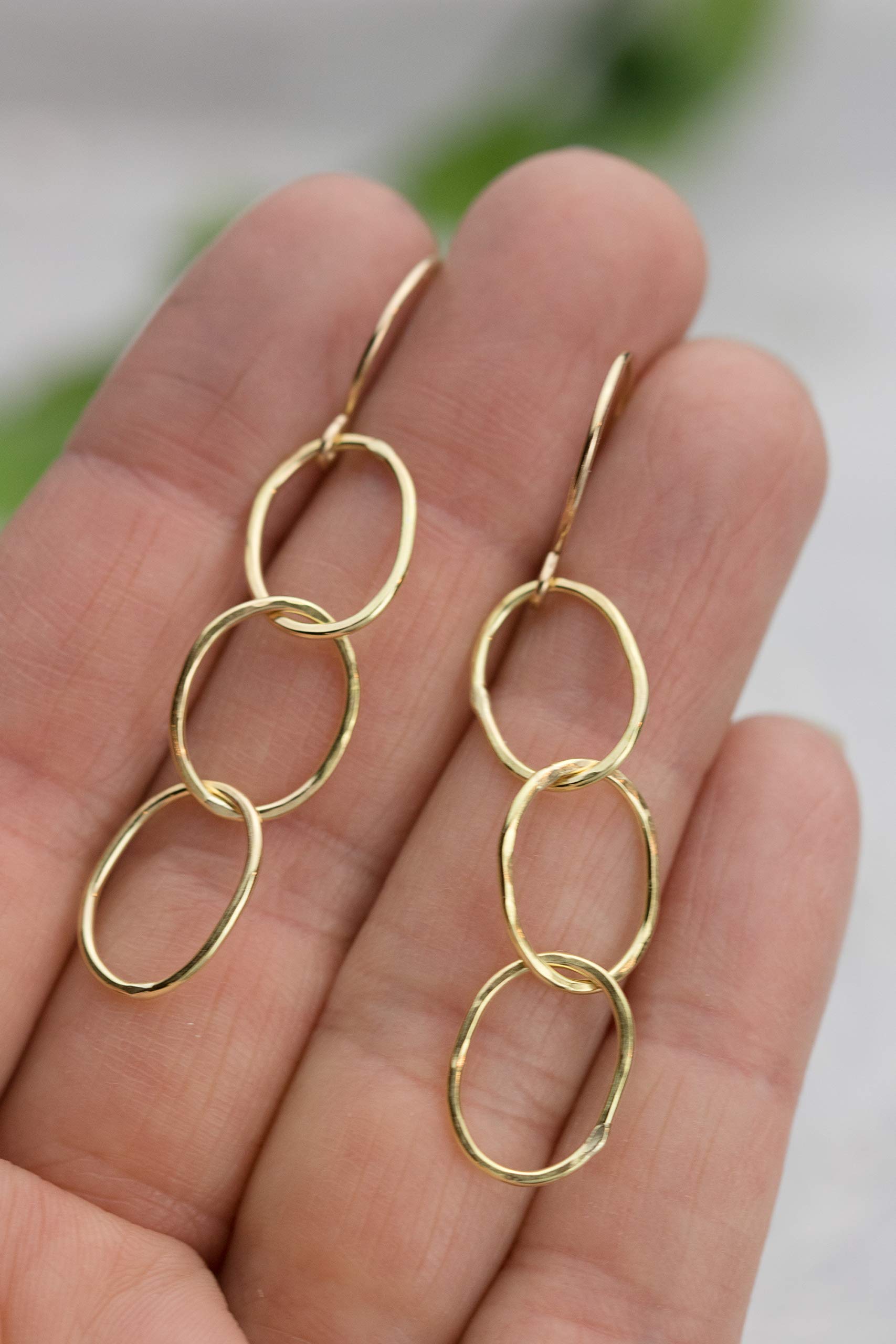 18K Solid Yellow Gold Hammered Triple Hoop Dangle Drop Earrings for Women - Perfect for Weddings, Parties & Everyday Elegance