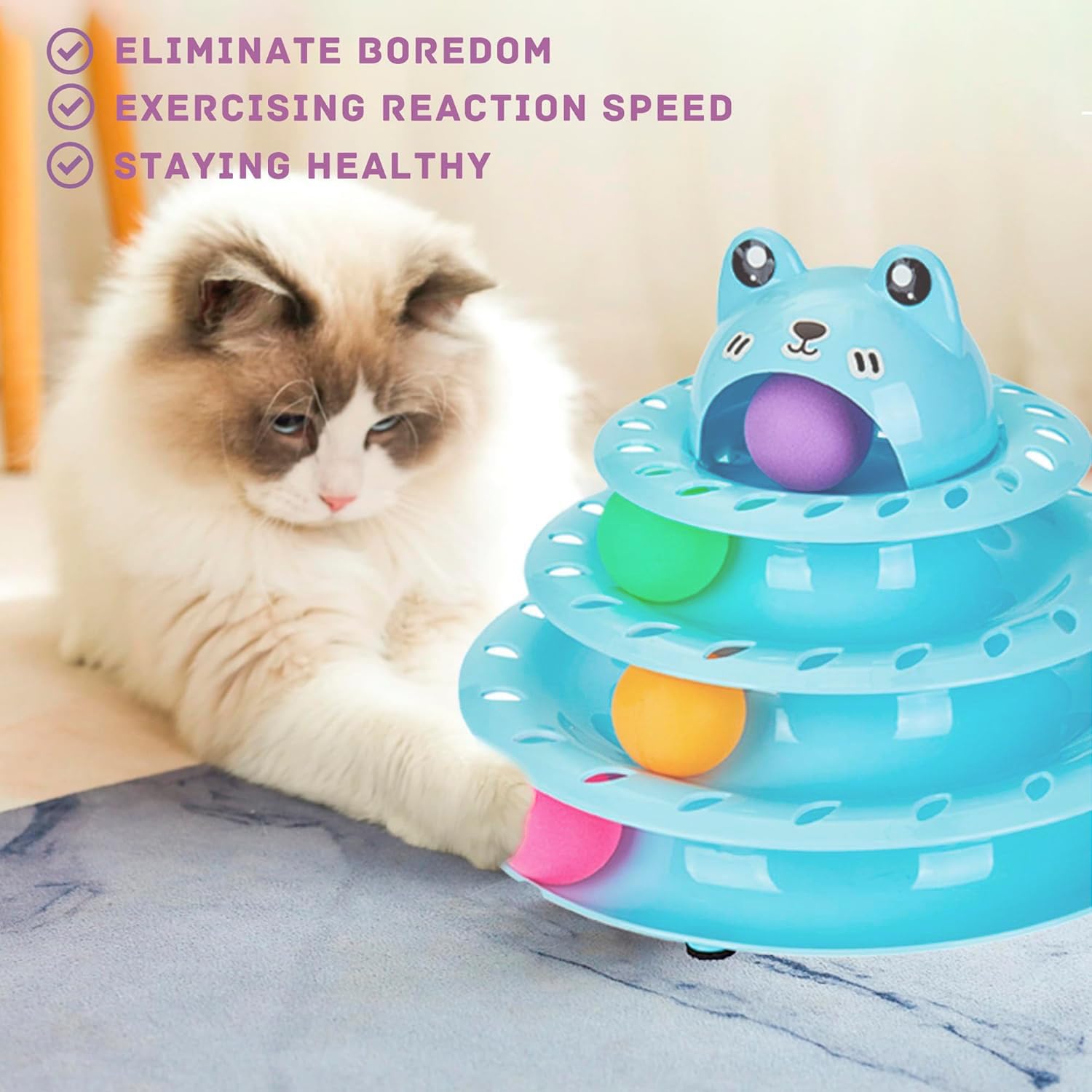 **Gefryco 4-Tier Interactive Cat Toy Ball Track & Turntable Tower - Multi-Level Puzzle Exercise Toy with Colorful Chase Balls for Indoor Cats (Blue) - Fun Playtime & Mental Stimulation for Kittens**