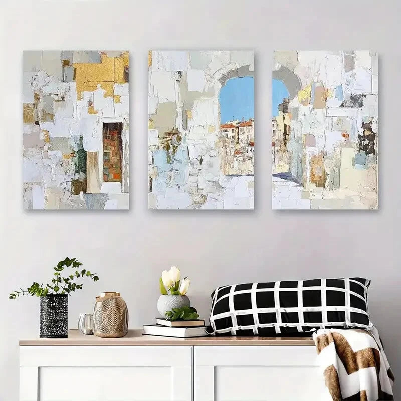 3-Piece Abstract Architectural Golden Accents Metal Wall Art - Ready to Hang Modern Home Decor for Living Room, Bedroom & Office