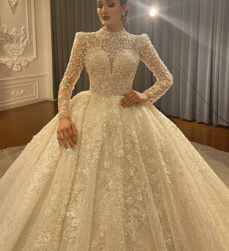 Elegant Long Sleeve Ball Gown Wedding Dress - New Luxury Design with Intricate Detailing | Perfect for Bridal, Formal Events & Romantic Ceremonies