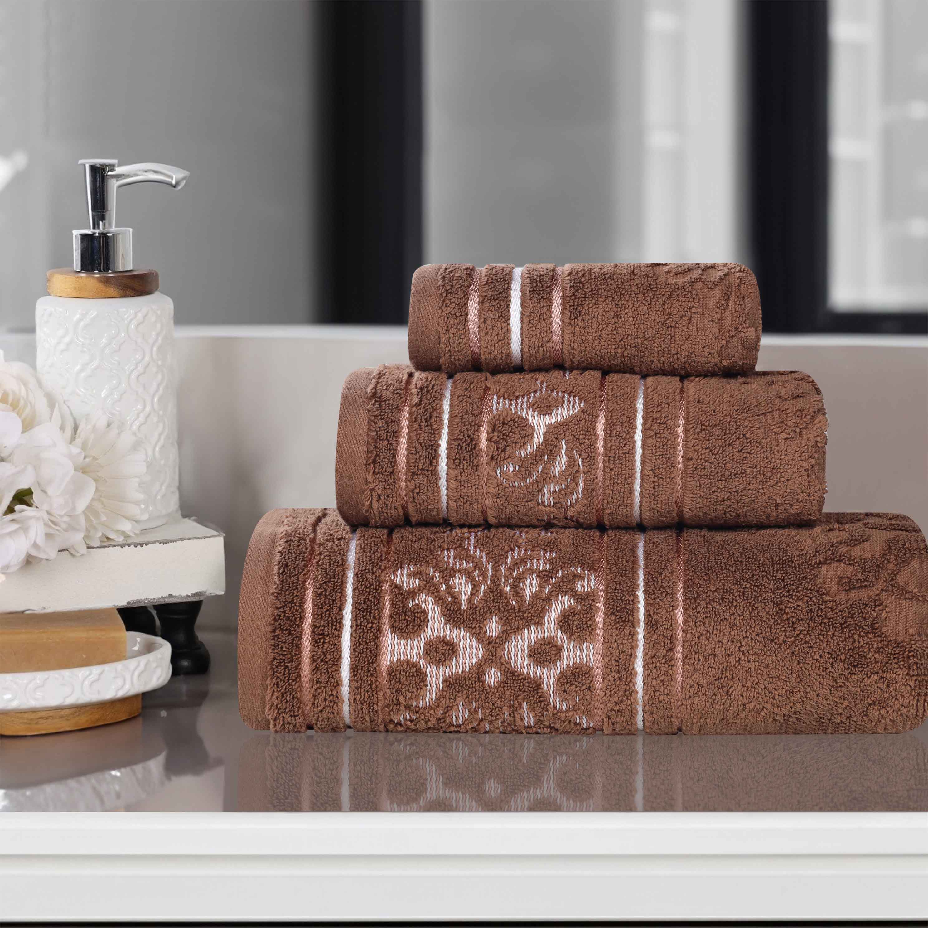 Premium Sadie Zero Twist Cotton 3-Piece Jacquard Towel Set with Elegant Floral Design - Soft Bath Towels for Spa, Guest Bathroom & Luxury Home Decor