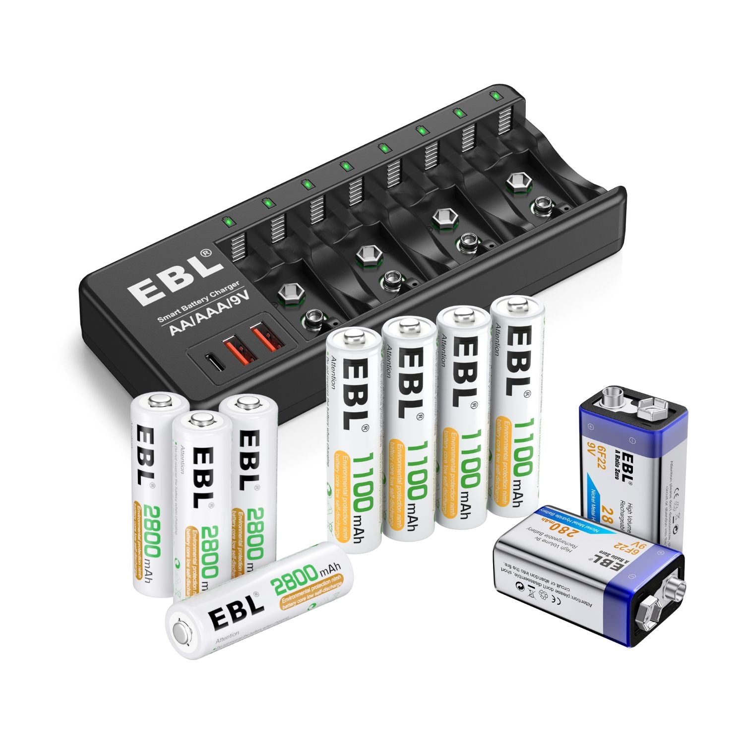 EBL AA AAA 9V Rechargeable Battery Charger with 8 AA & 8 AAA & 2 9V Batteries - Fast Charging for Household Electronics, Toys, Cameras, and Emergency Kits