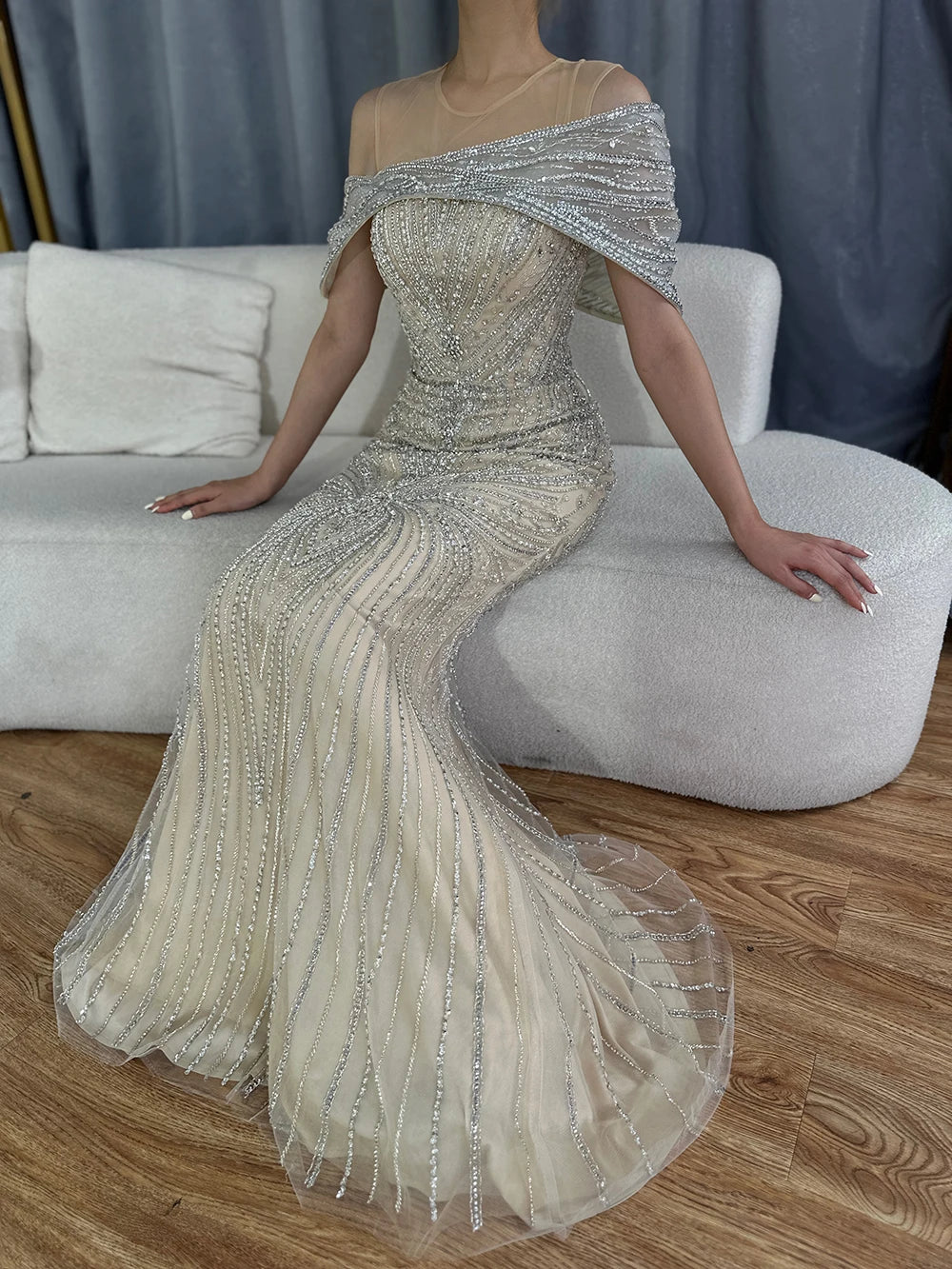 Elegant Dubai & Saudi Arabian Silver Beaded Mermaid Evening Gown for Women - Formal Party Dress LA72800 | Perfect for Weddings, Galas & Special Occasions
