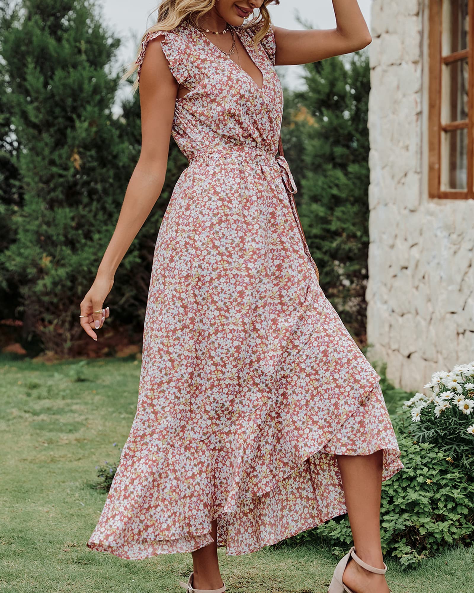BTFBM Women's Summer Floral Maxi Dress 2025 - V Neck Ruffle Sleeve Wrap Dress with Belt for Beach Vacation, Spring Wedding Guest & Special Occasions | Perfect for Tropical Getaways, Garden Parties & Date Nights